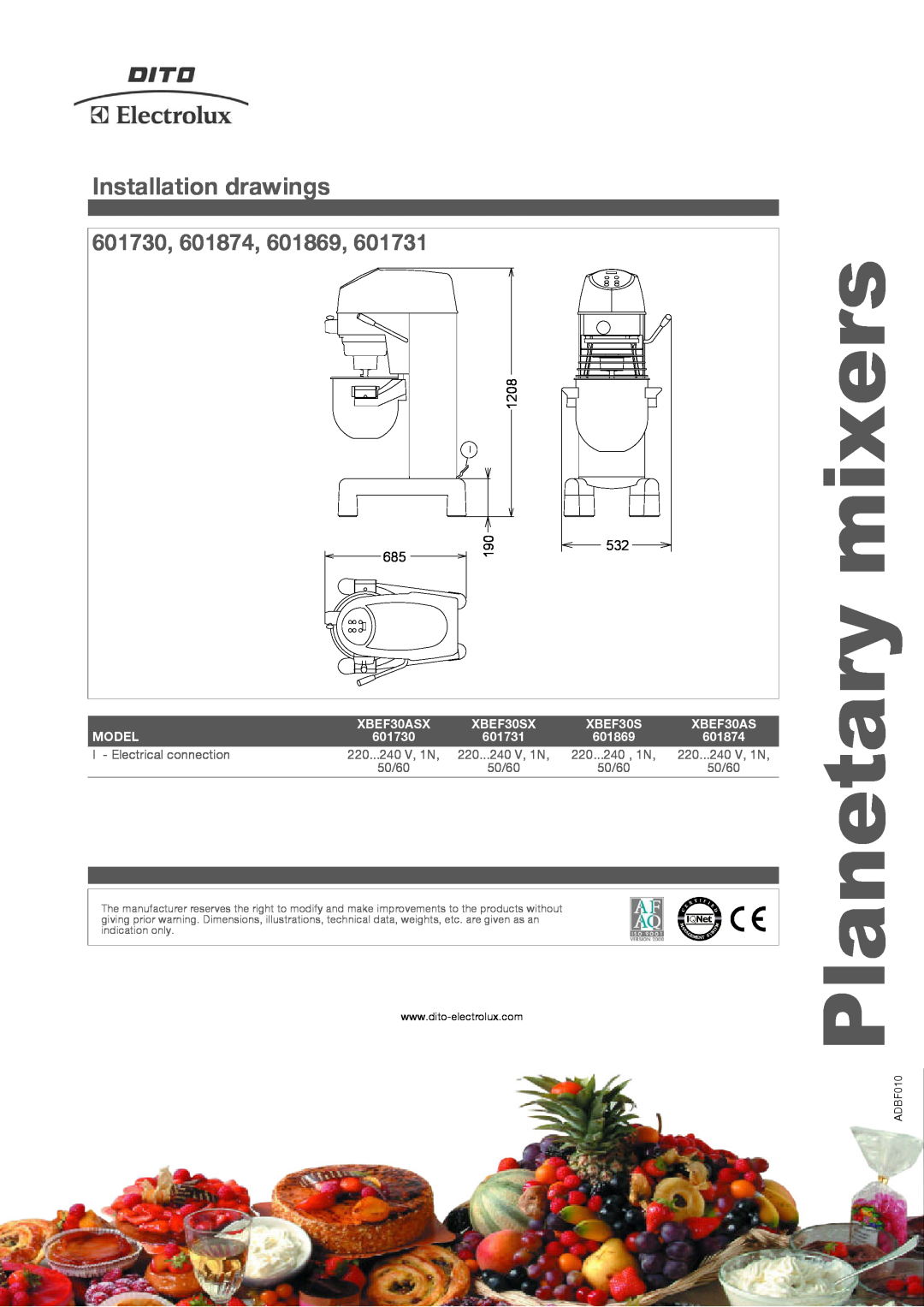 Electrolux XBEF30ASX, XBEF30SX, 601731 manual Installation drawings, mixers, Planetary, 601730, 601874, 601869 