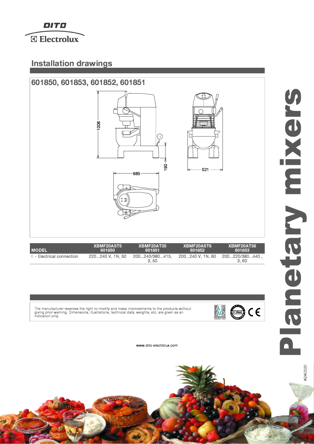Electrolux XBMF20AST5 manual Installation drawings, 601850, 601853, 601852, mixers, Planetary, I - Electrical connection 
