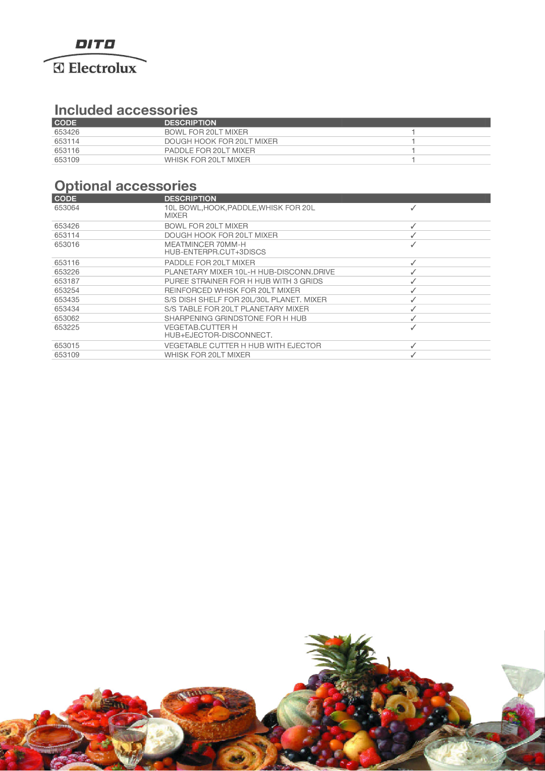 Electrolux XBMF20AXT3 manual Included accessories, Optional accessories, Code Description 