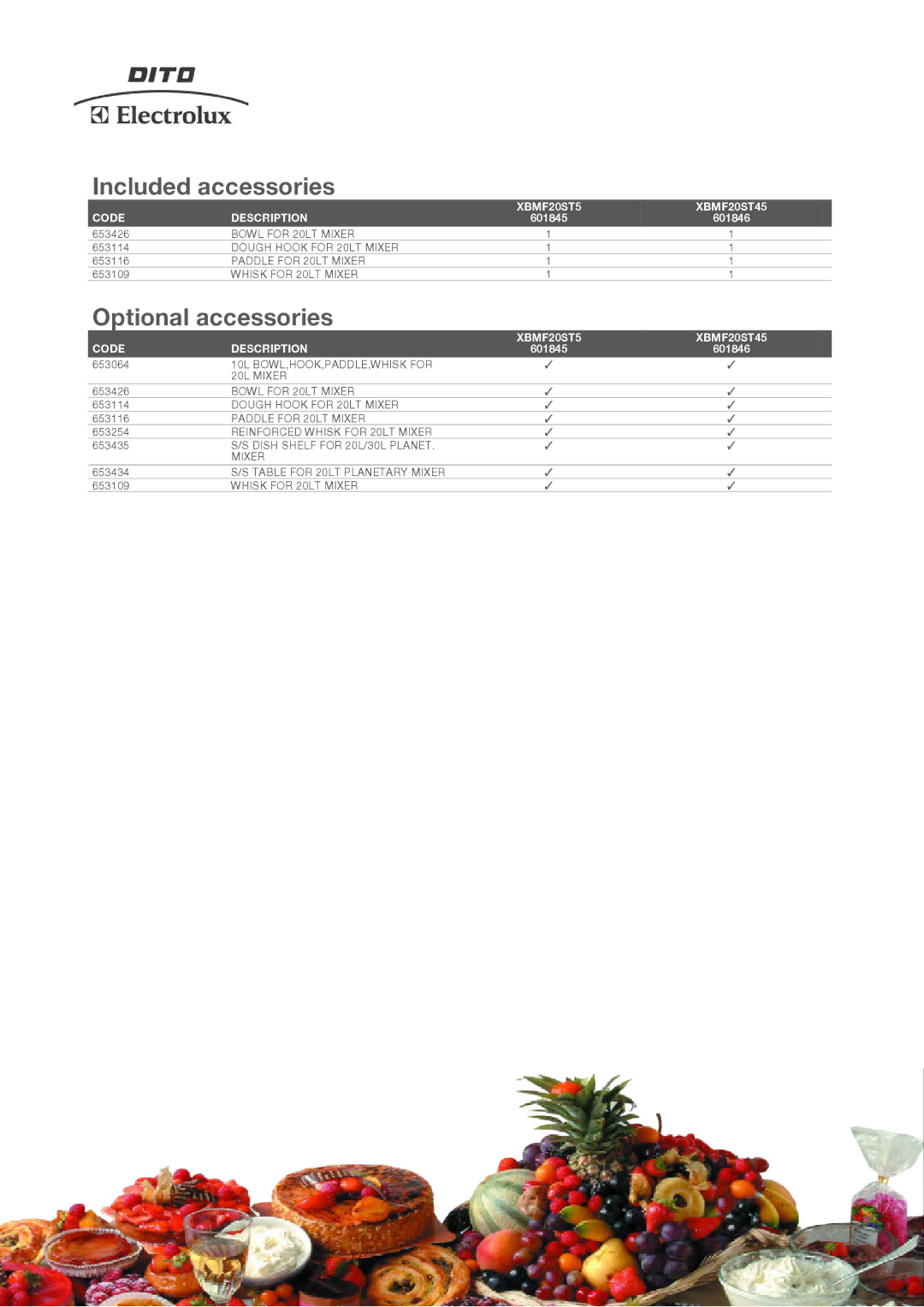 Electrolux 601846, XBM20, 601845 manual Included accessories, Optional accessories, Code Description XBMF20ST5 XBMF20ST45 