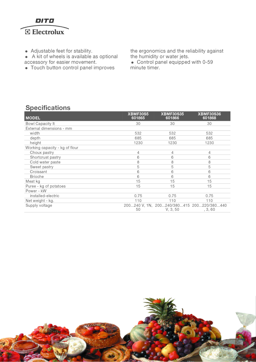 Electrolux 601866, 601865 manual Specifications, XBMF30S5 XBMF30S35 XBMF30S36 Model, 601868 