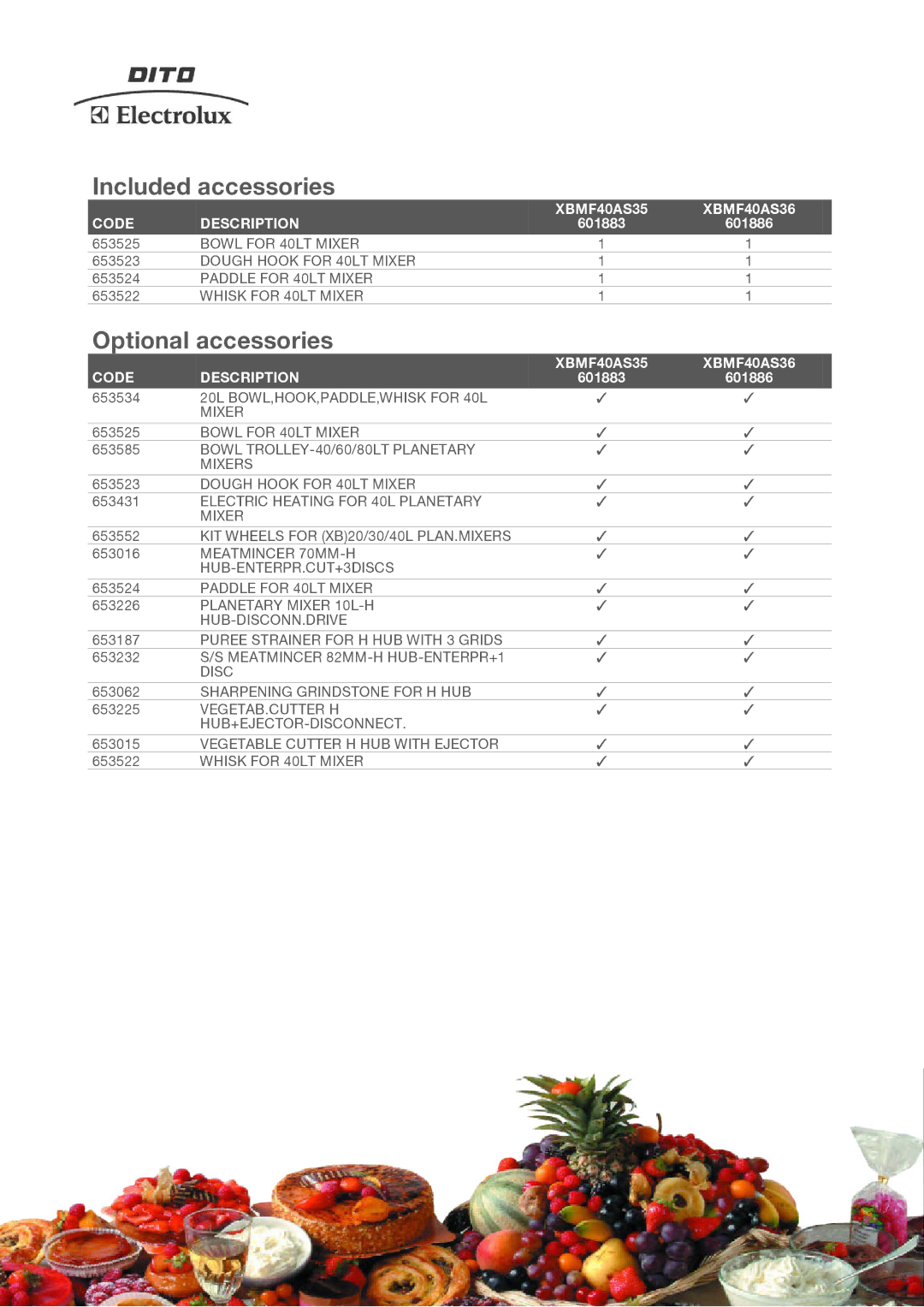 Electrolux manual Included accessories, Optional accessories, XBMF40AS35 XBMF40AS36 Code Description 