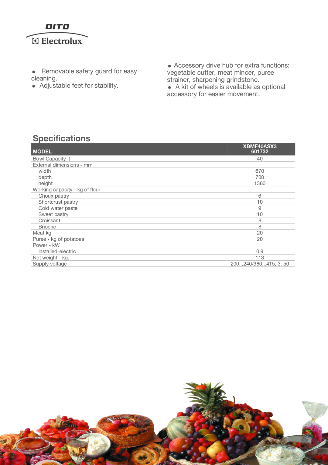 Electrolux XBMF40ASX3, 601732 manual Specifications, Model 