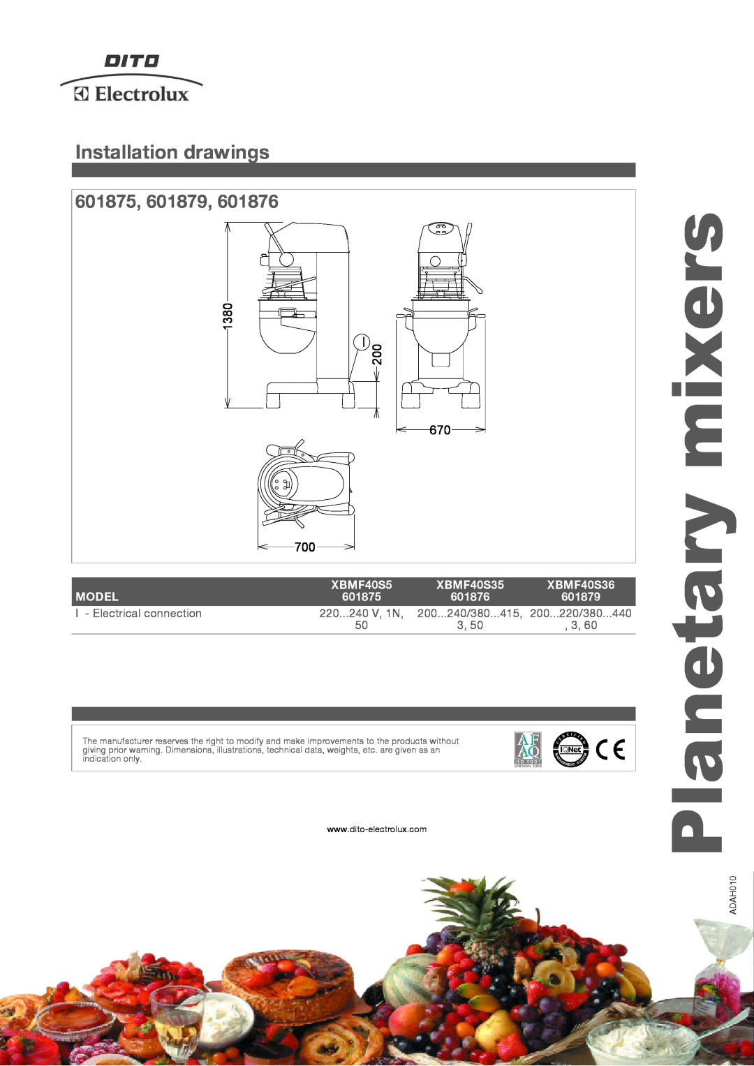 Electrolux XBMF40S36 Installation drawings, 601875, 601879, Planetary mixers, 1380, XBMF40S5, XBMF40S35, Model, 601876 