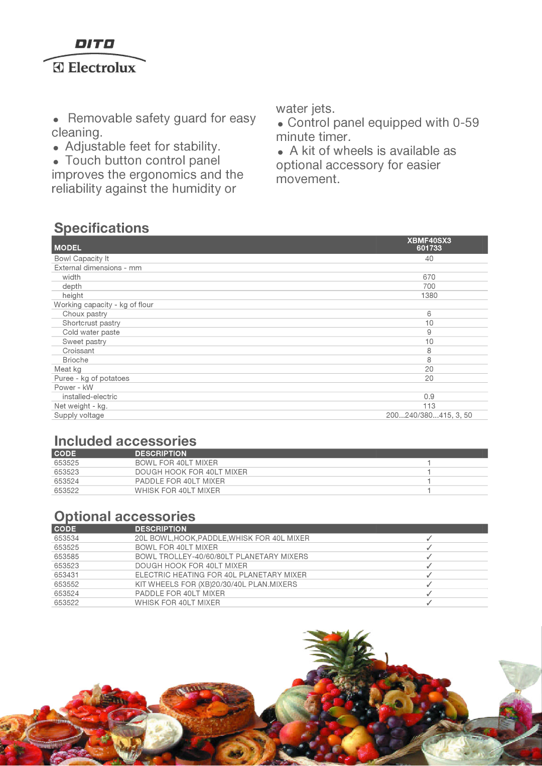 Electrolux 601877, XBMF40SX3, 601733 manual Specifications, Included accessories, Optional accessories 