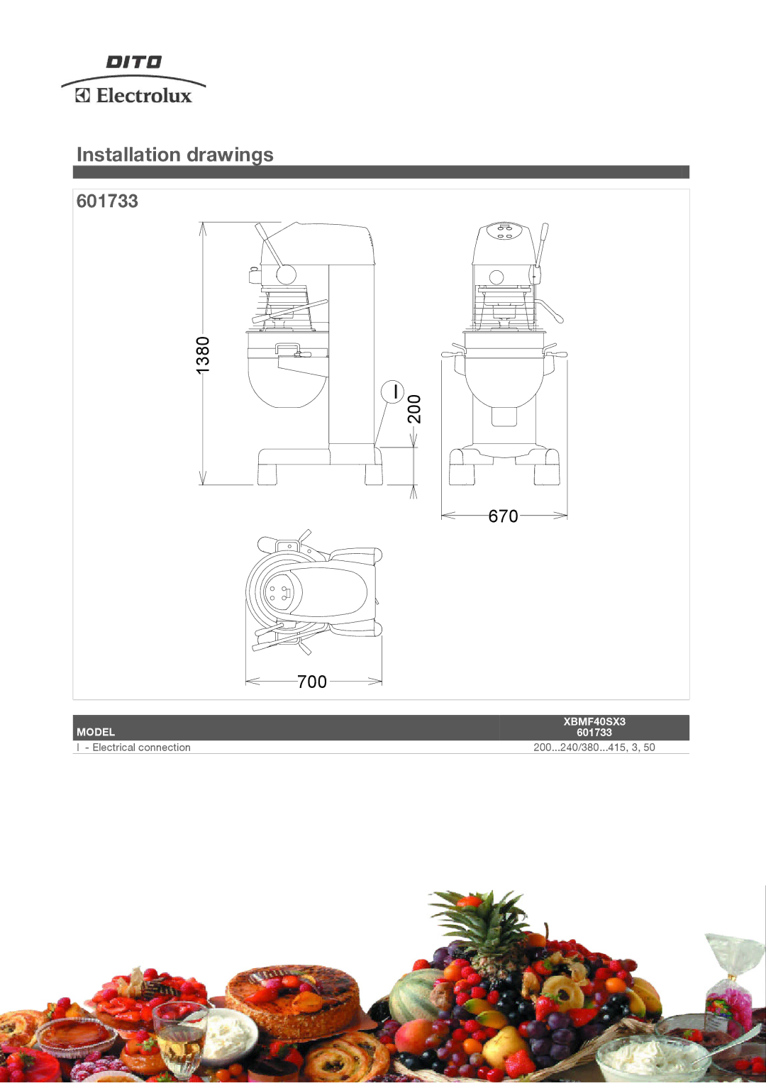 Electrolux XBMF40SX3, 601877 manual Installation drawings, 601733 