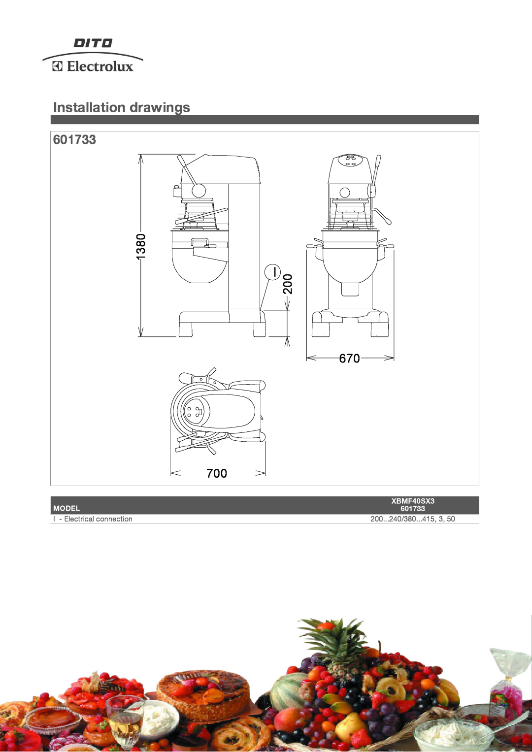 Electrolux XBMF40SX3, 601877 Installation drawings, 601733, 1380, Model, I - Electrical connection, 200...240/380...415, 3 