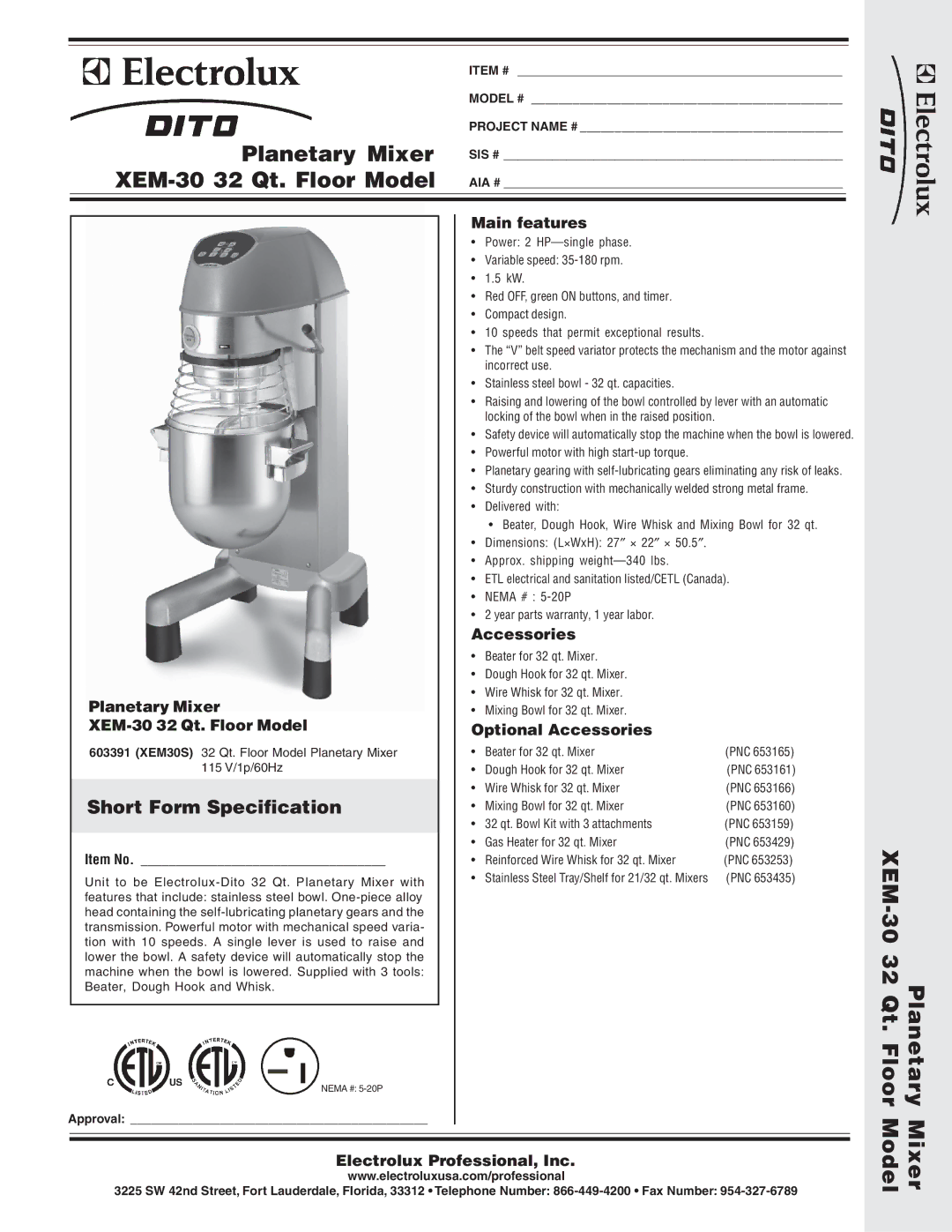 Electrolux XEM30S, 603391 dimensions Planetary Mixer XEM-30 32 Qt. Floor Model, Short Form Specification 