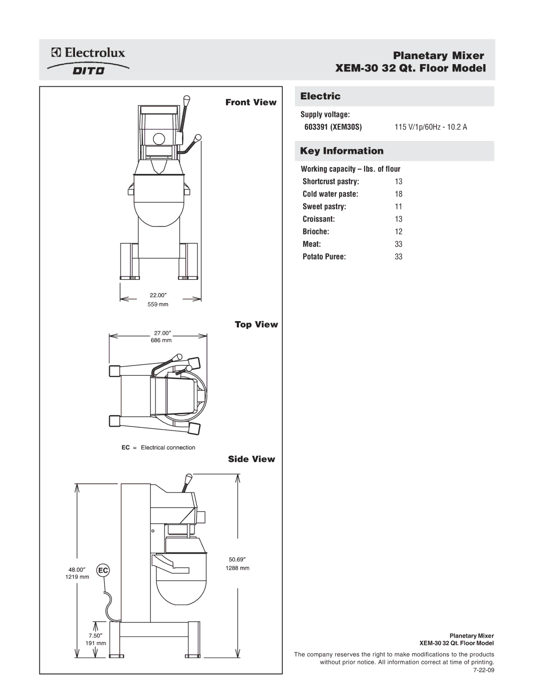 Electrolux 603391, XEM30S dimensions Planetary Mixer XEM-30 32 Qt. Floor Model, Front View, Top View Side View 