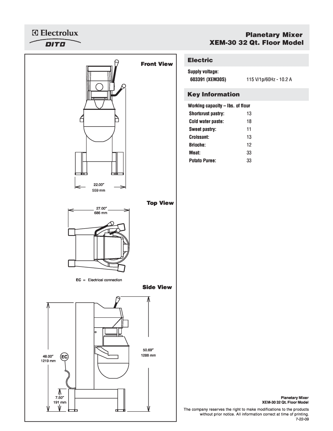 Electrolux 603391 Planetary Mixer XEM-30 32 Qt. Floor Model, Front View, Top View Side View, Electric, Key Information 
