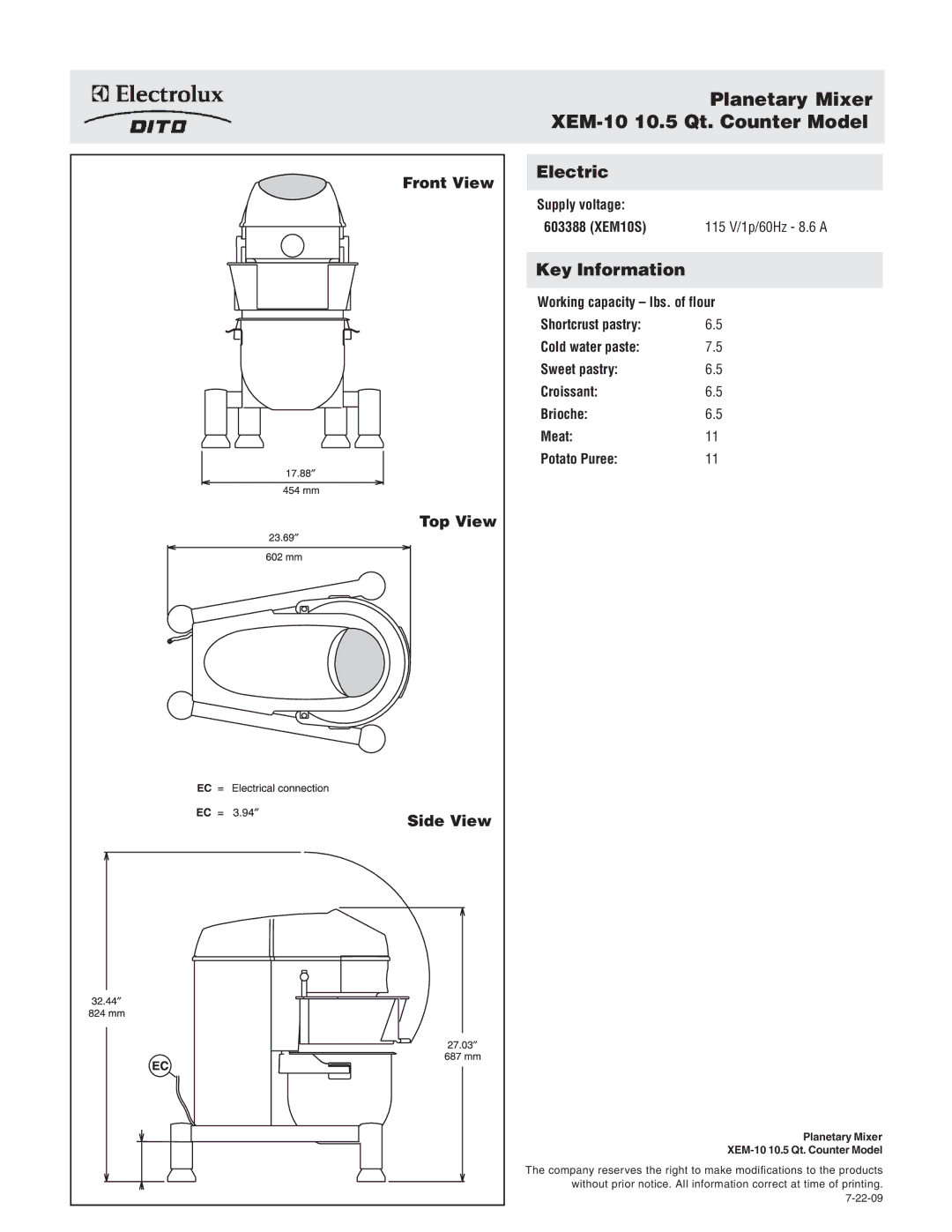 Electrolux XEM10S, 603388 dimensions Planetary Mixer XEM-10 10.5 Qt. Counter Model, Front View, Top View, Side View 