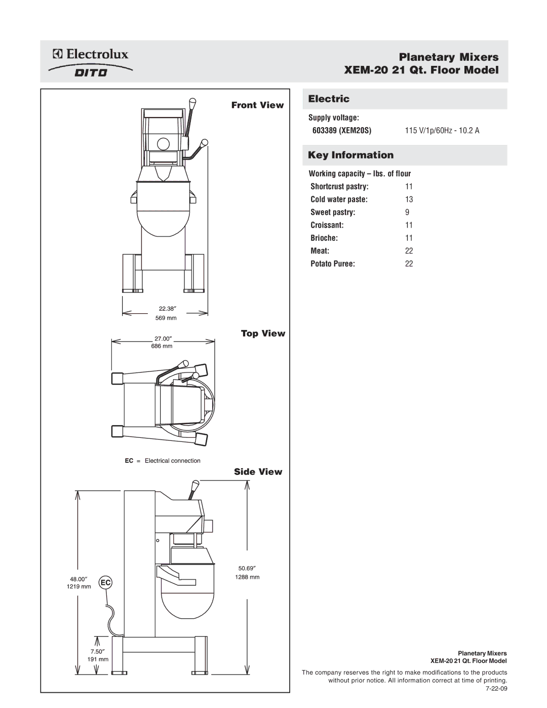 Electrolux XEM20S, 603389 dimensions Planetary Mixers XEM-20 21 Qt. Floor Model, Front View Top View Side View 