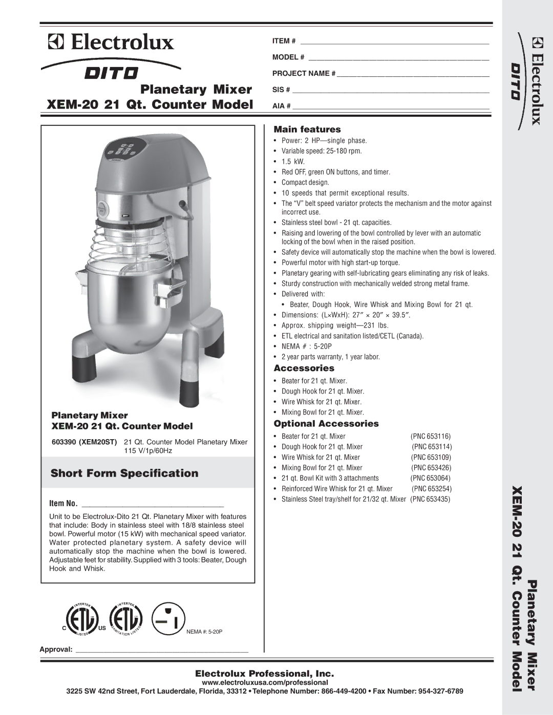 Electrolux XEM20ST, 603390 dimensions XEM-20 21 Qt. Counter Model Planetary Mixer, Short Form Specification 