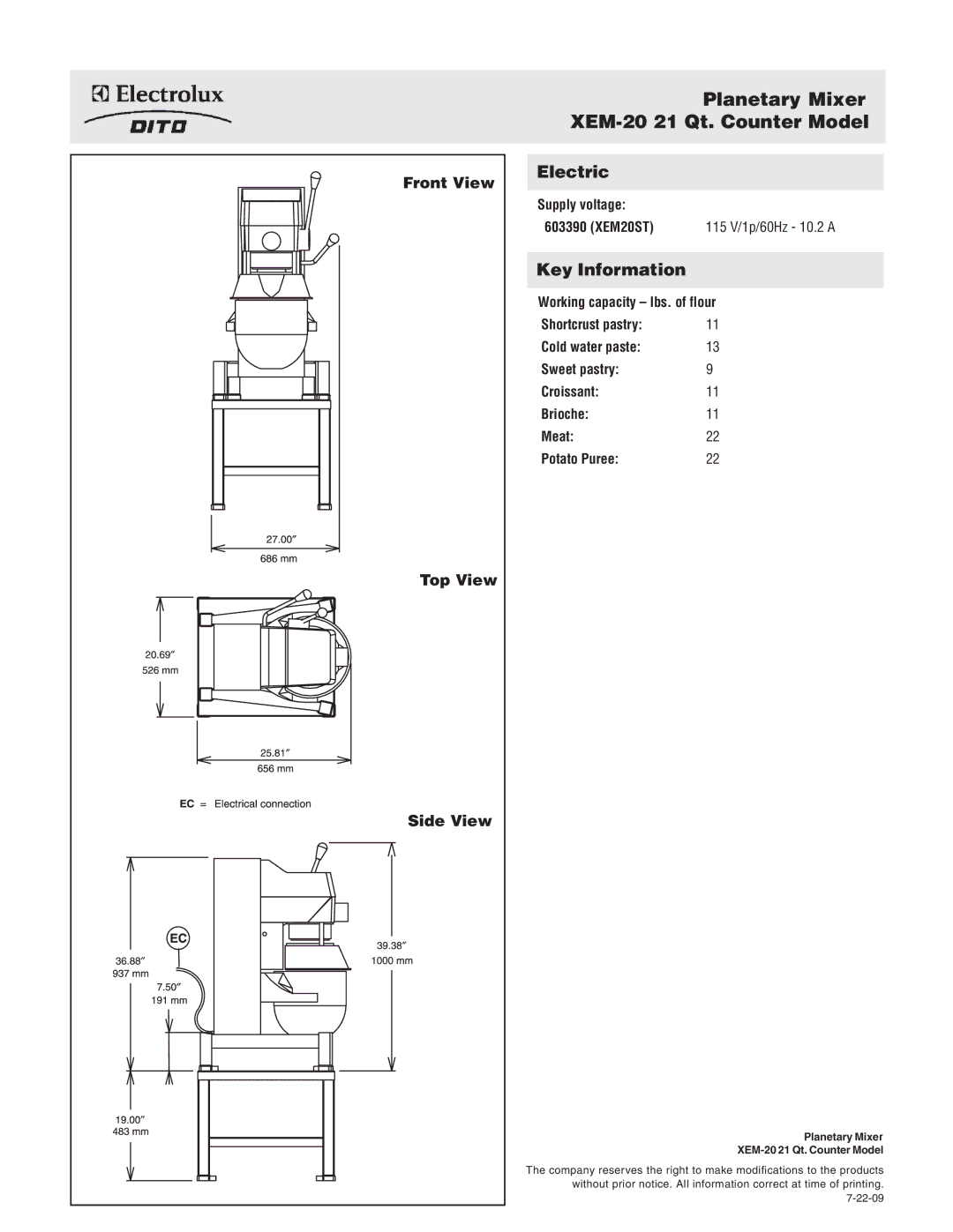 Electrolux 603390, XEM20ST dimensions Planetary Mixer XEM-20 21 Qt. Counter Model, Front View Top View Side View 