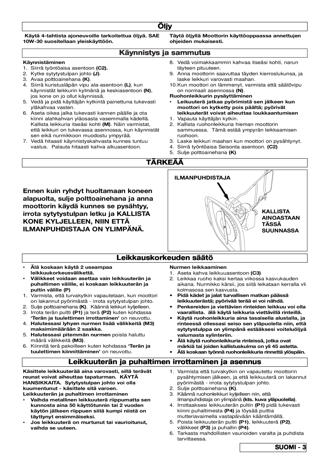 Electrolux XL500, XL550 manual Öljy, Käynnistys ja sammutus, Tärkeää, Leikkauskorkeuden säätö, Suomi, Ilmanpuhdistaja 