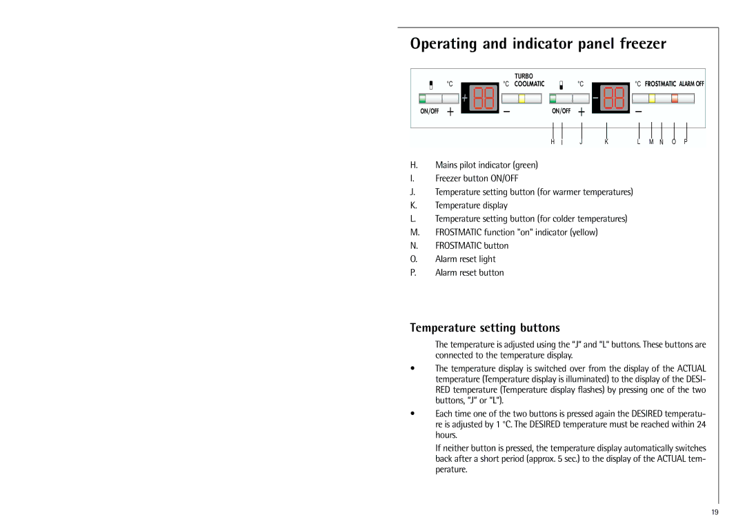 Electrolux Z 9 18 40-4 i manual Operating and indicator panel freezer, Temperature setting buttons 