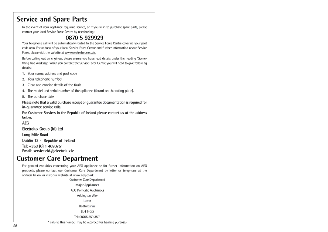 Electrolux Z 9 18 40-4 i manual Service and Spare Parts, Customer Care Department 