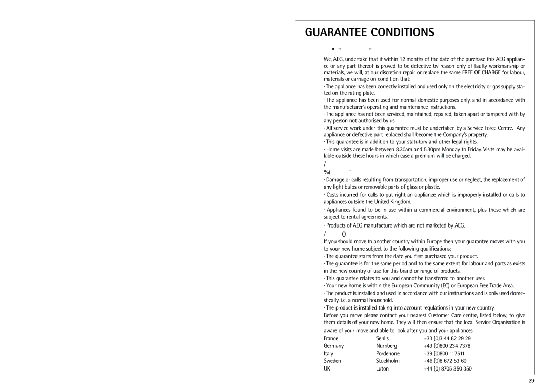 Electrolux Z 9 18 40-4 i manual Standard guarantee conditions, Exclusions, European Guarantee 