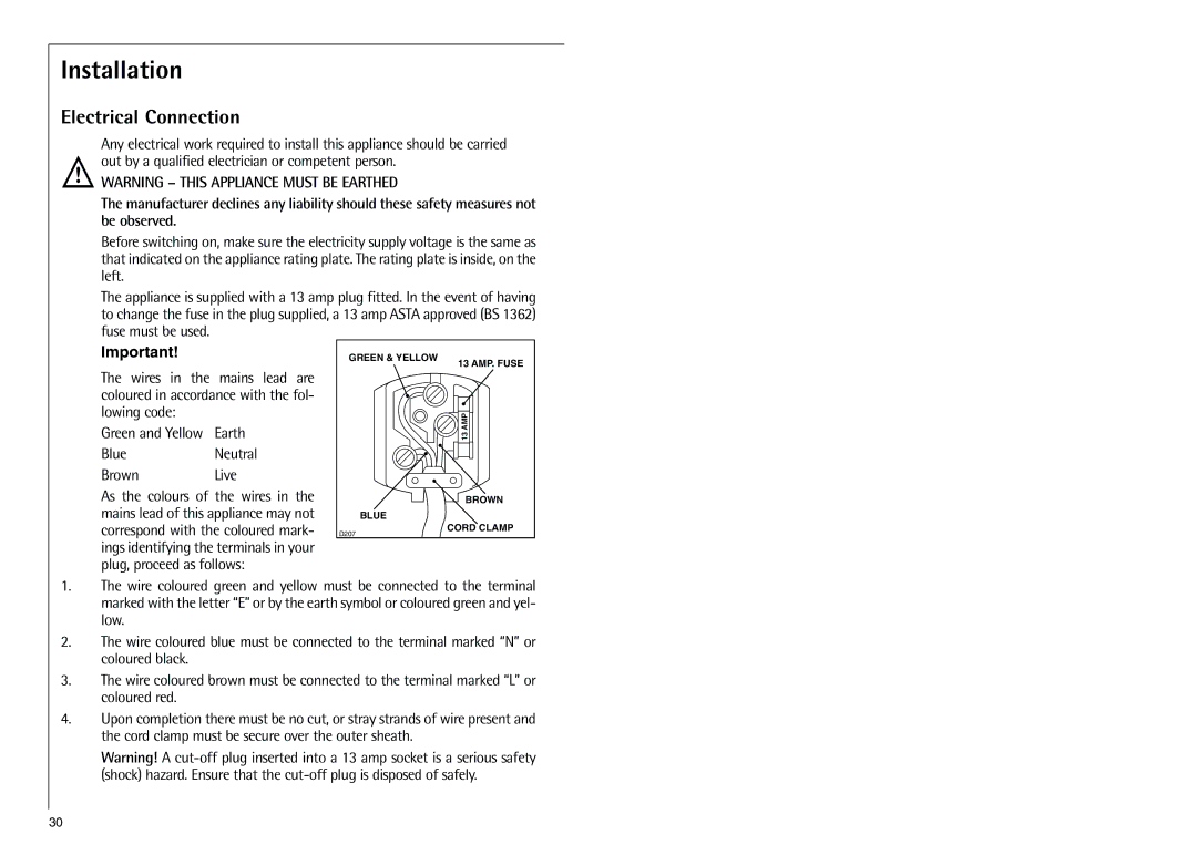 Electrolux Z 9 18 40-4 i manual Installation, Electrical Connection 