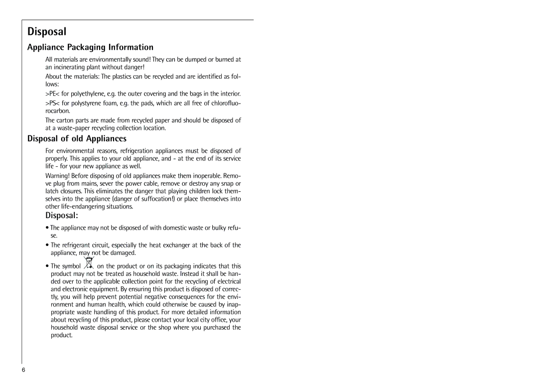 Electrolux Z 9 18 40-4 i manual Appliance Packaging Information, Disposal of old Appliances 