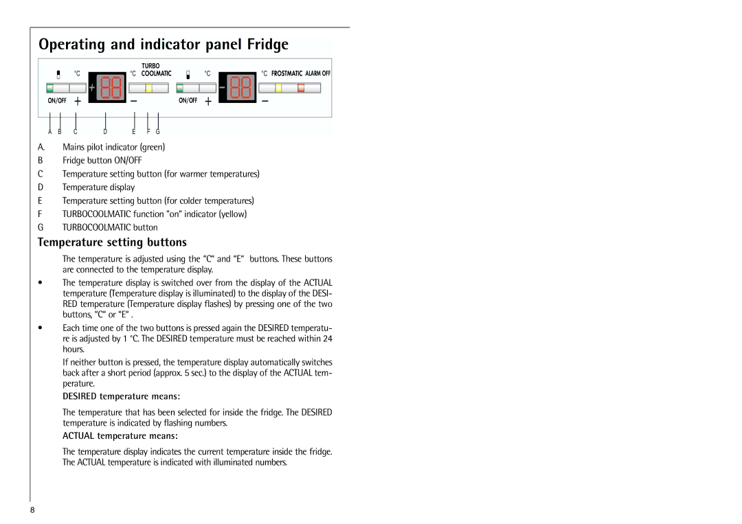 Electrolux Z 9 18 40-4 i Operating and indicator panel Fridge, Temperature setting buttons, Desired temperature means 