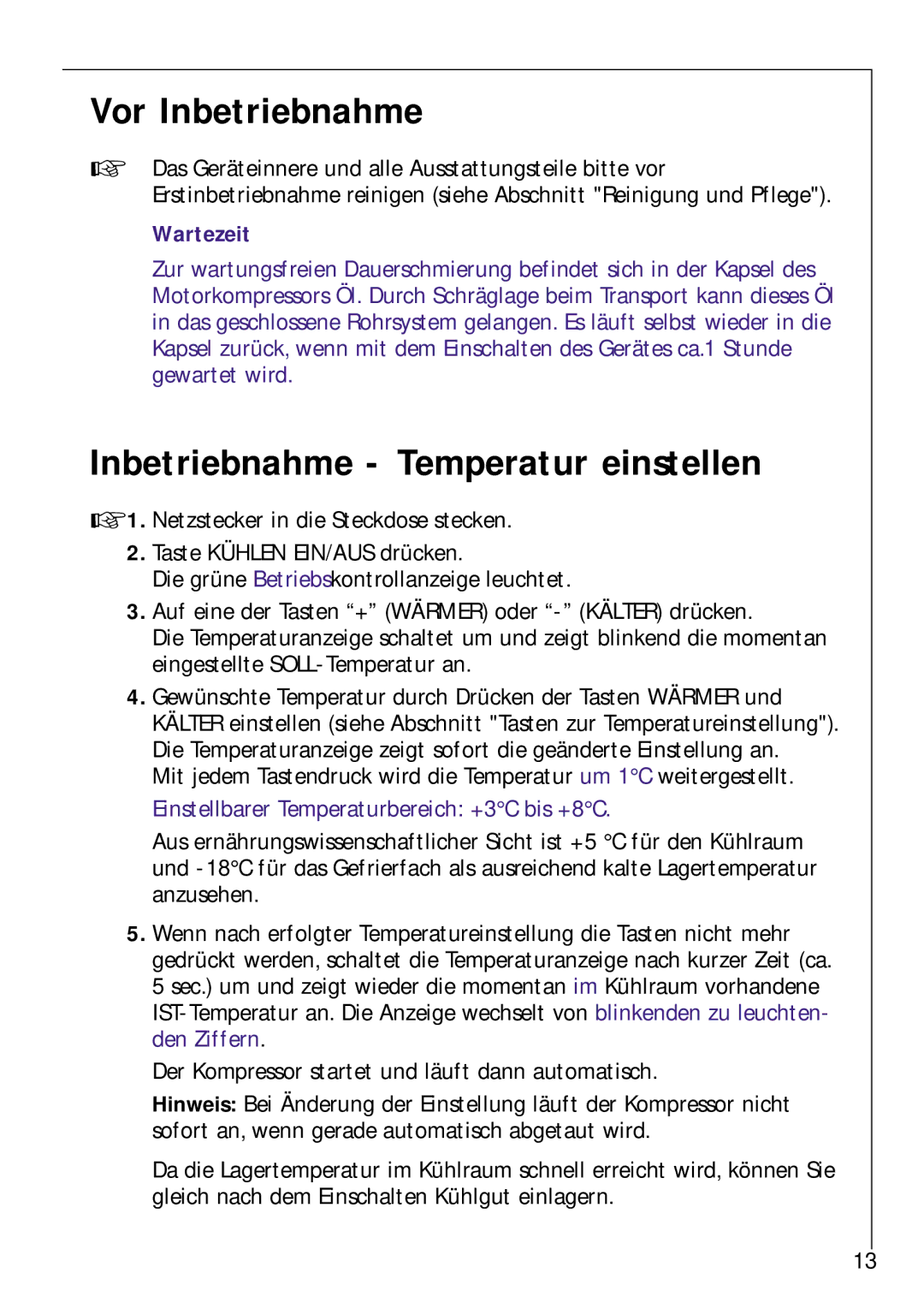 Electrolux Z 9 18 42-4 I user manual Vor Inbetriebnahme, Inbetriebnahme Temperatur einstellen 