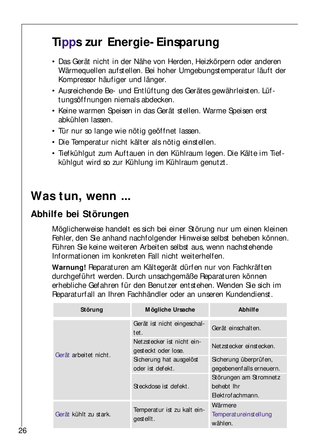 Electrolux Z 9 18 42-4 I user manual Tipps zur Energie-Einsparung, Was tun, wenn, Abhilfe bei Störungen 