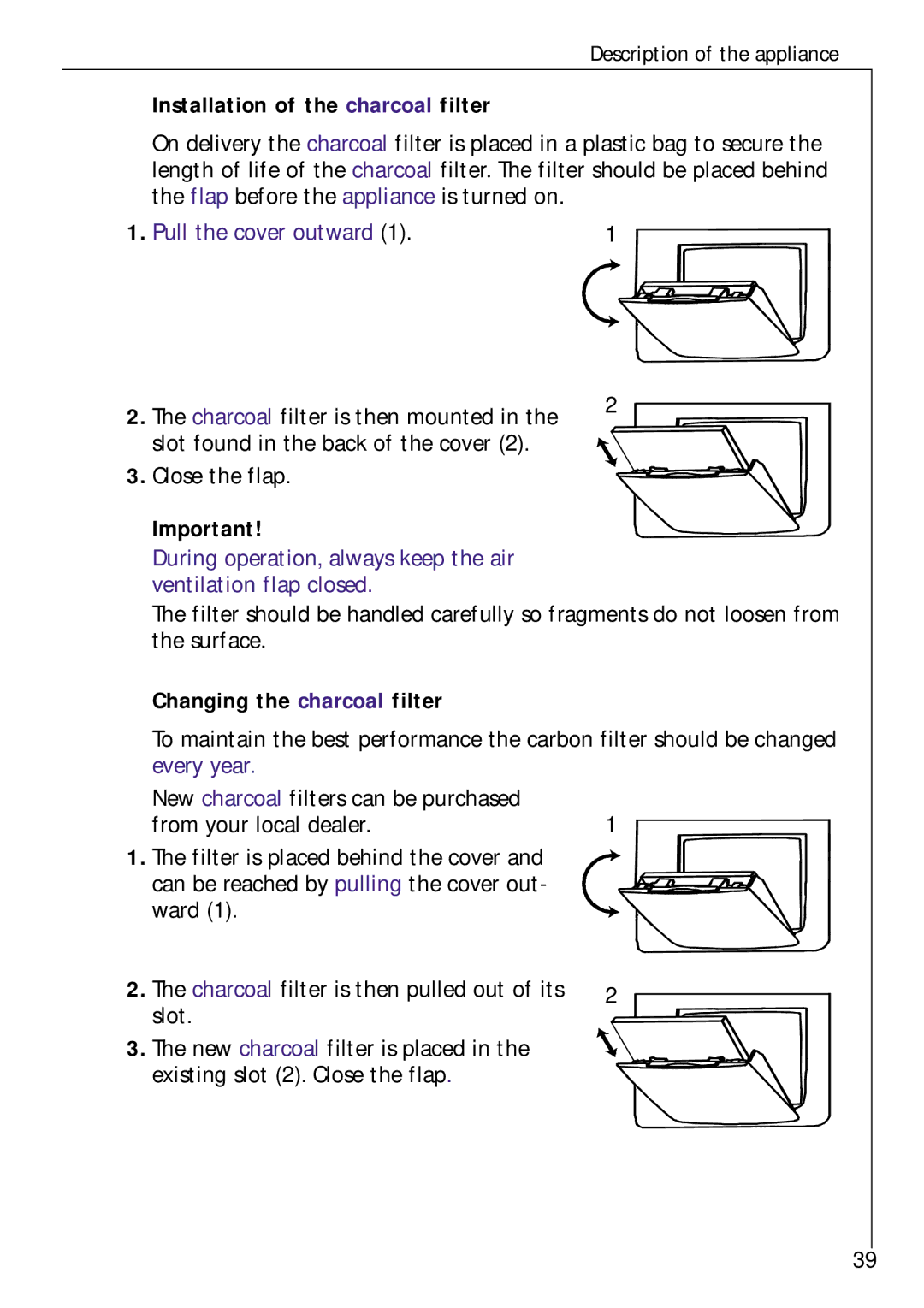 Electrolux Z 9 18 42-4 I user manual Installation of the charcoal filter, Changing the charcoal filter 