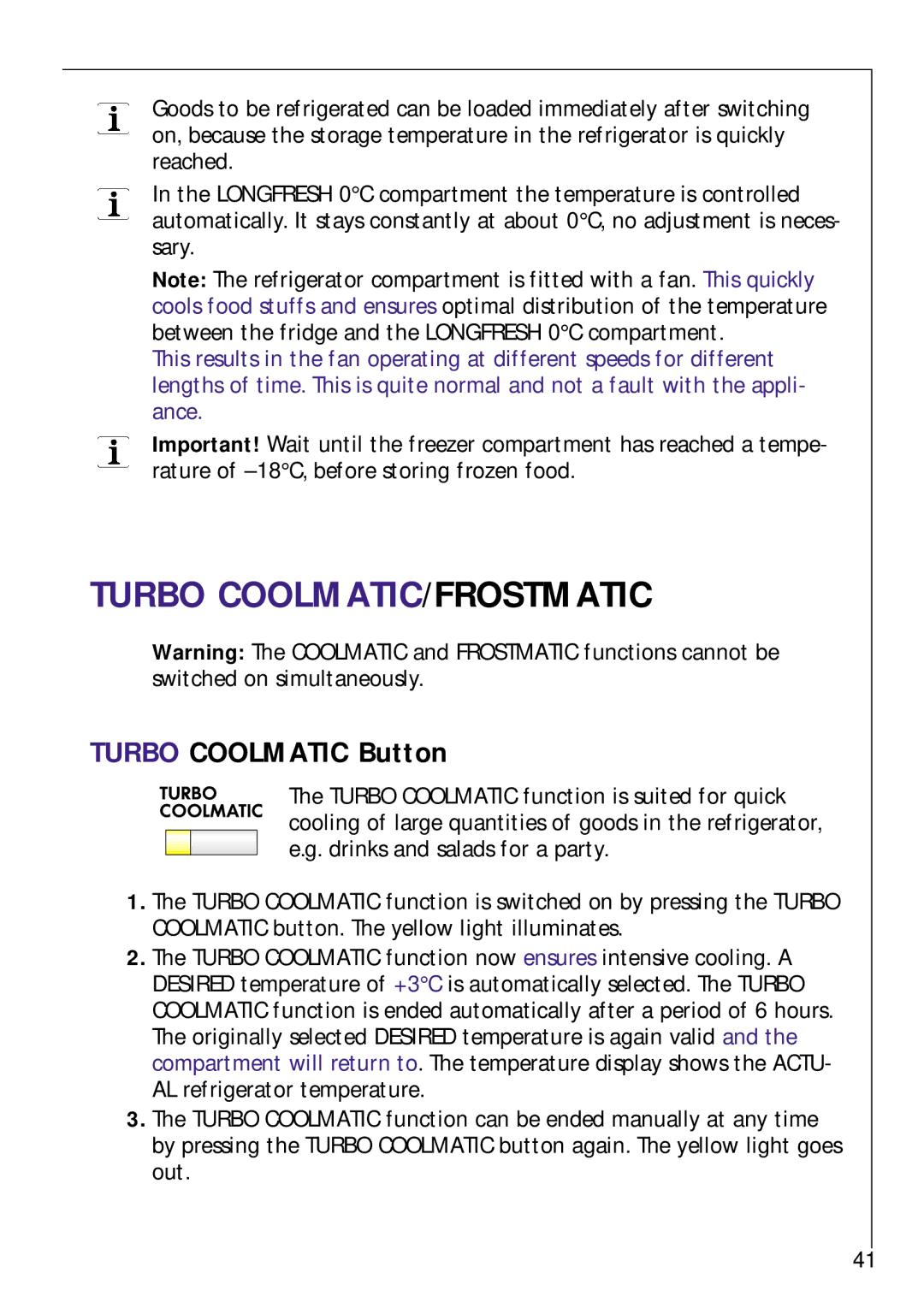 Electrolux Z 9 18 42-4 I user manual Turbo Coolmatic Button 