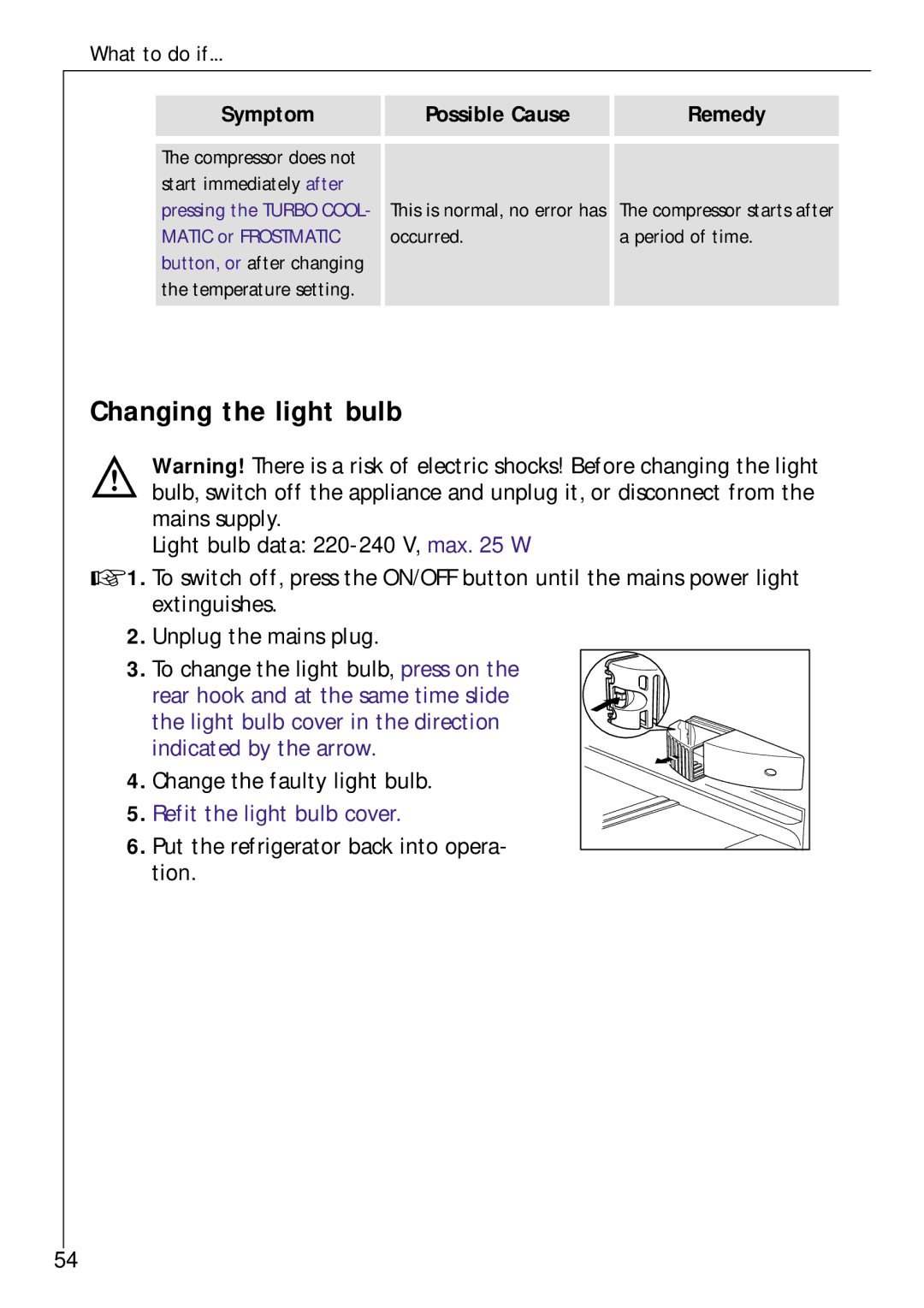 Electrolux Z 9 18 42-4 I user manual Changing the light bulb 