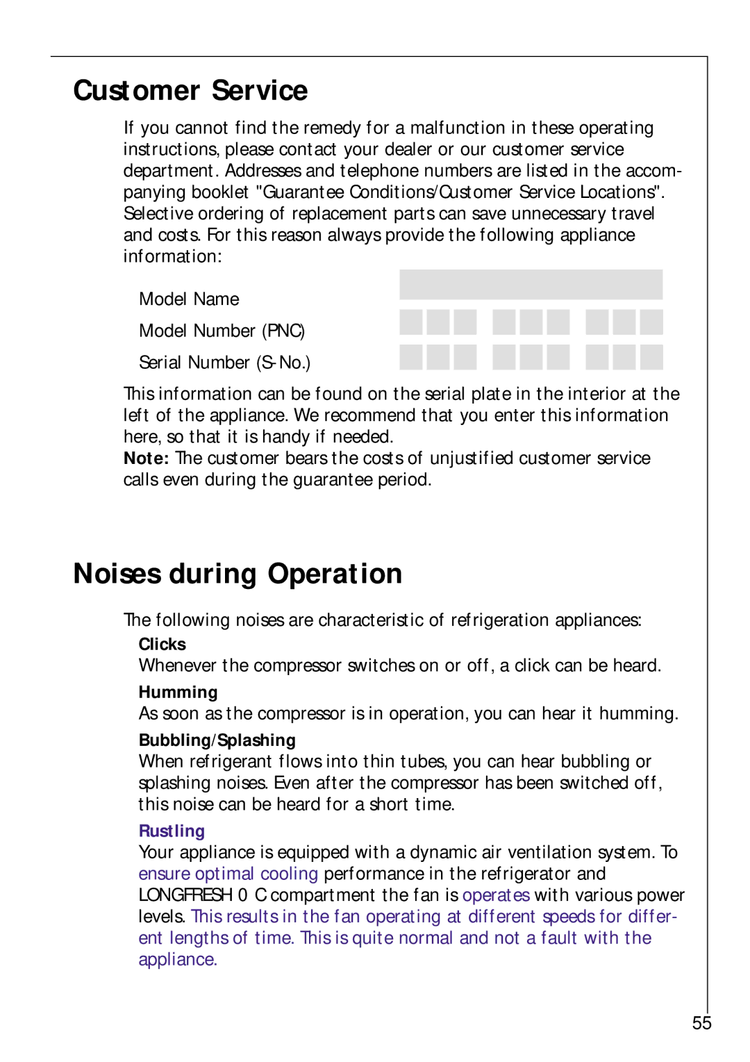 Electrolux Z 9 18 42-4 I user manual Customer Service, Noises during Operation, Clicks, Humming, Bubbling/Splashing 