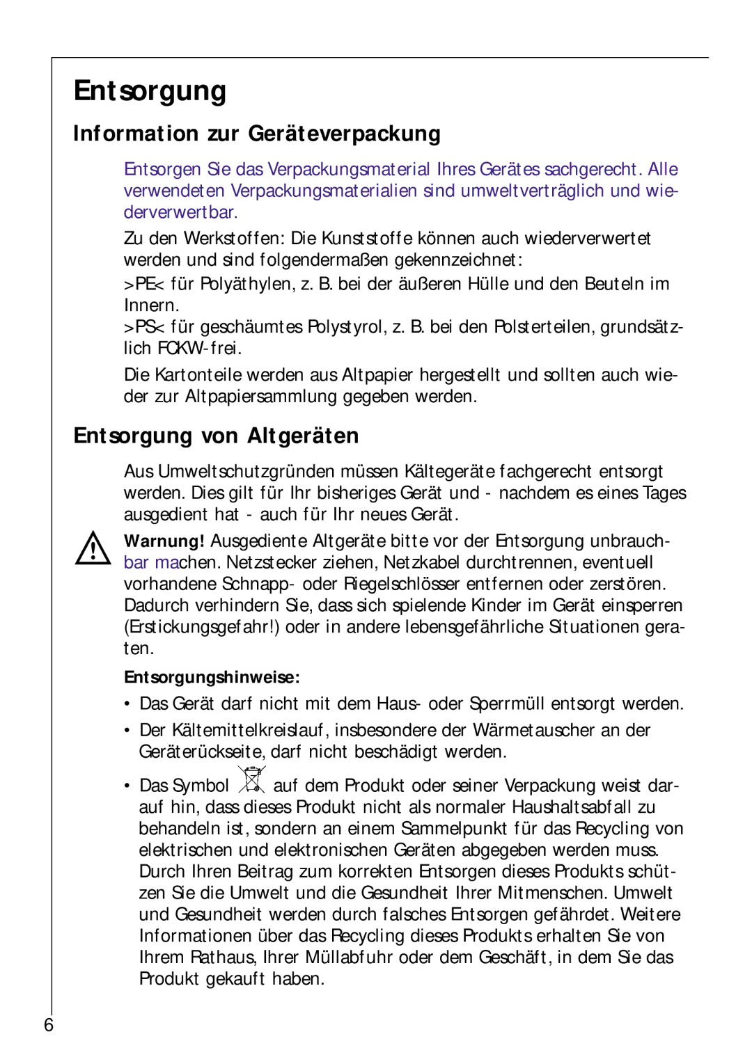 Electrolux Z 9 18 42-4 I user manual Information zur Geräteverpackung, Entsorgung von Altgeräten, Entsorgungshinweise 