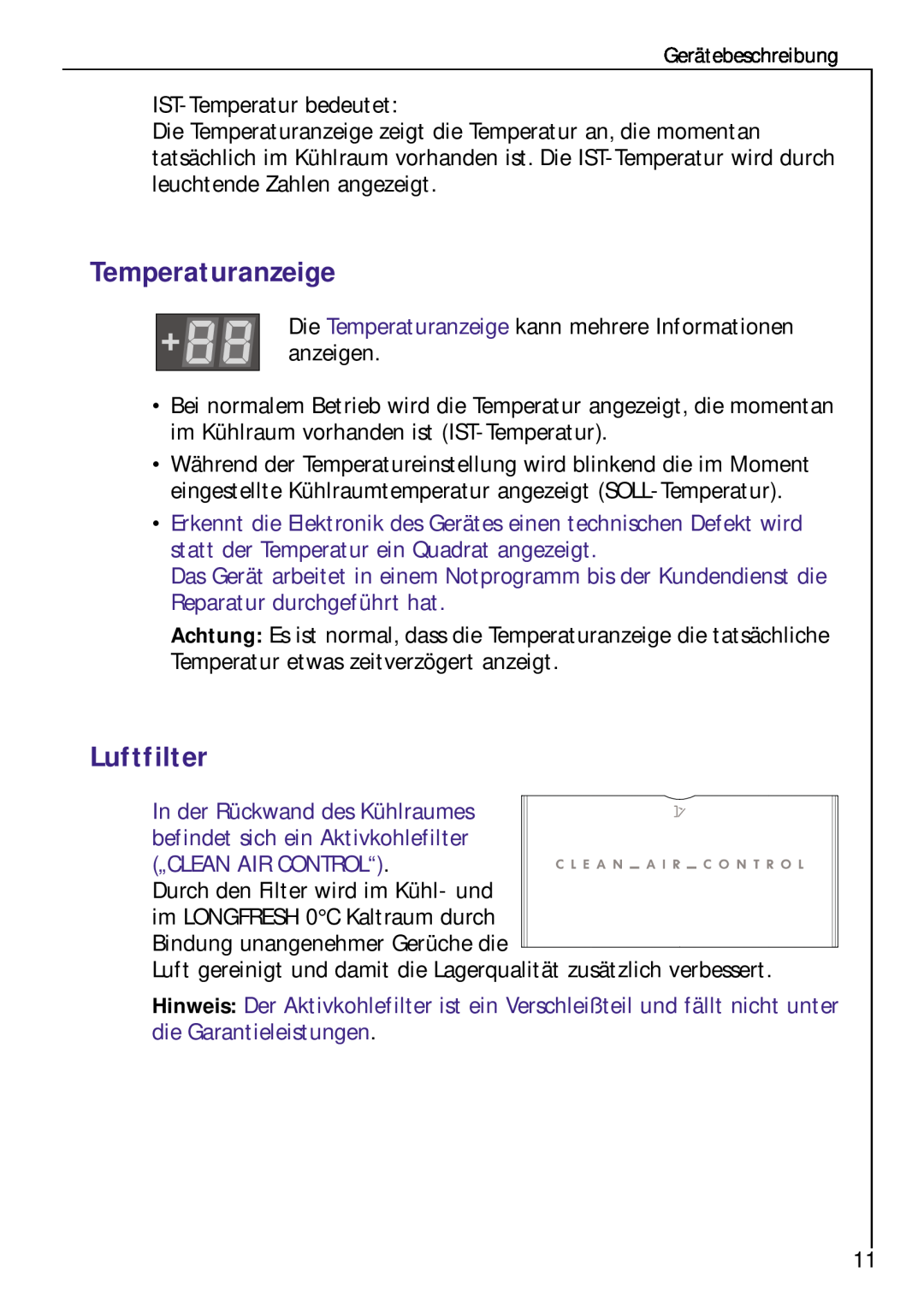 Electrolux Z 9 18 42-4 I user manual Luftfilter, Die Temperaturanzeige kann mehrere Informationen anzeigen 