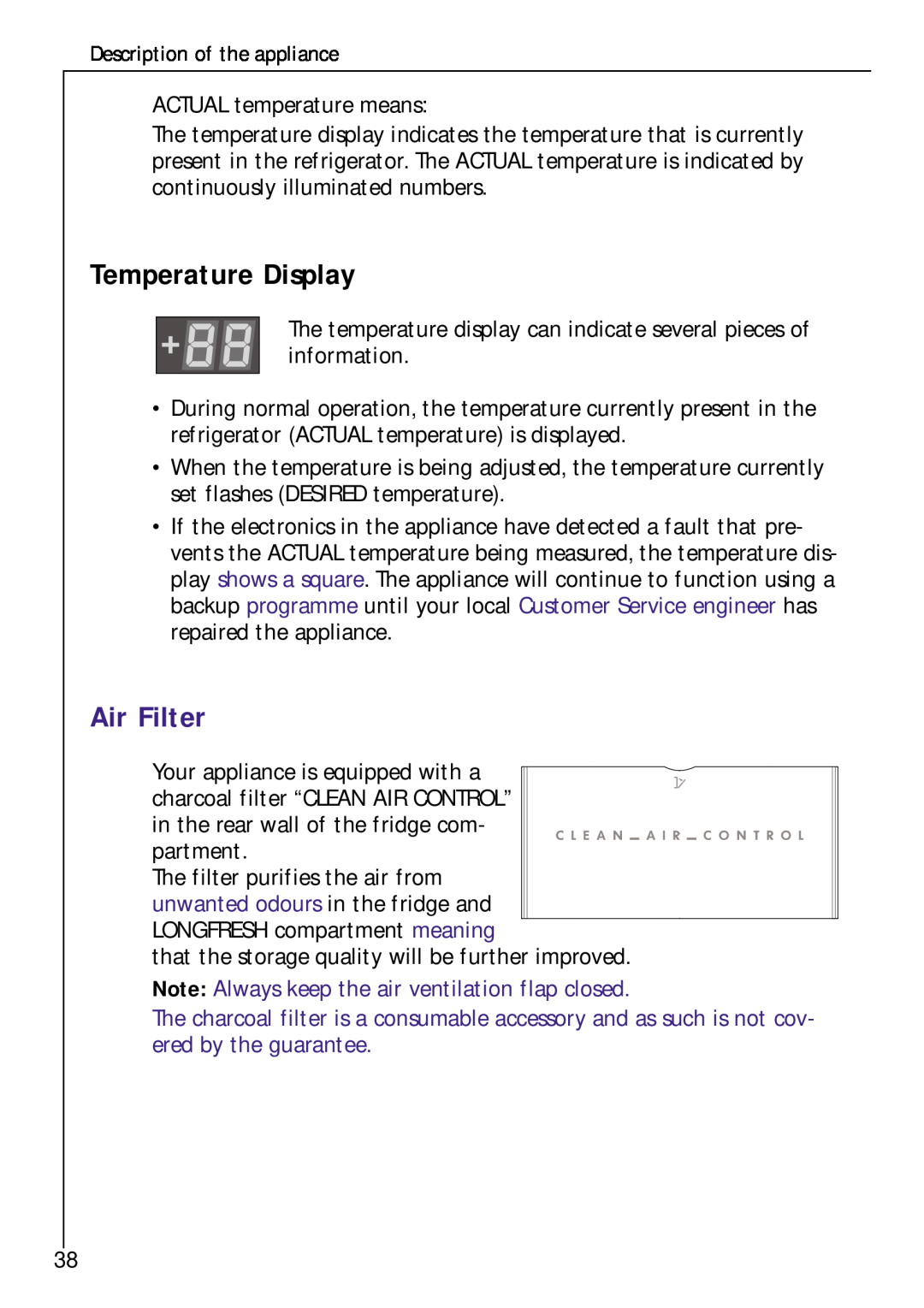 Electrolux Z 9 18 42-4 I user manual Temperature Display, Air Filter 