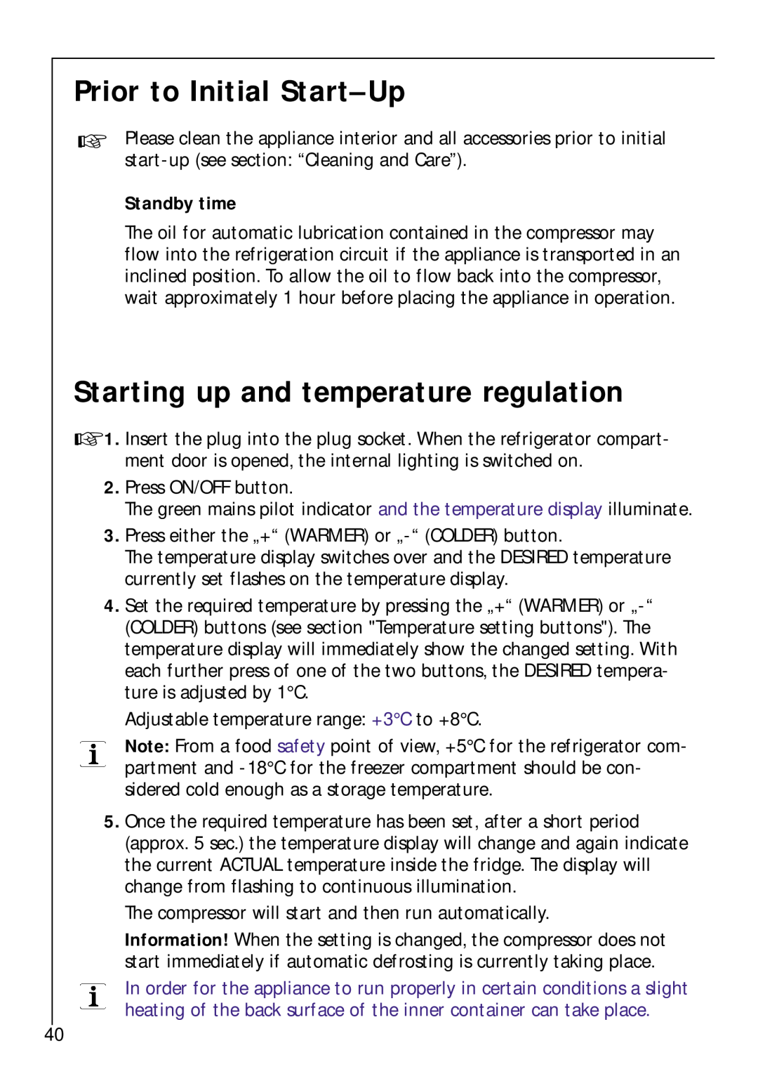 Electrolux Z 9 18 42-4 I user manual Prior to Initial Start-Up, Starting up and temperature regulation, Standby time 