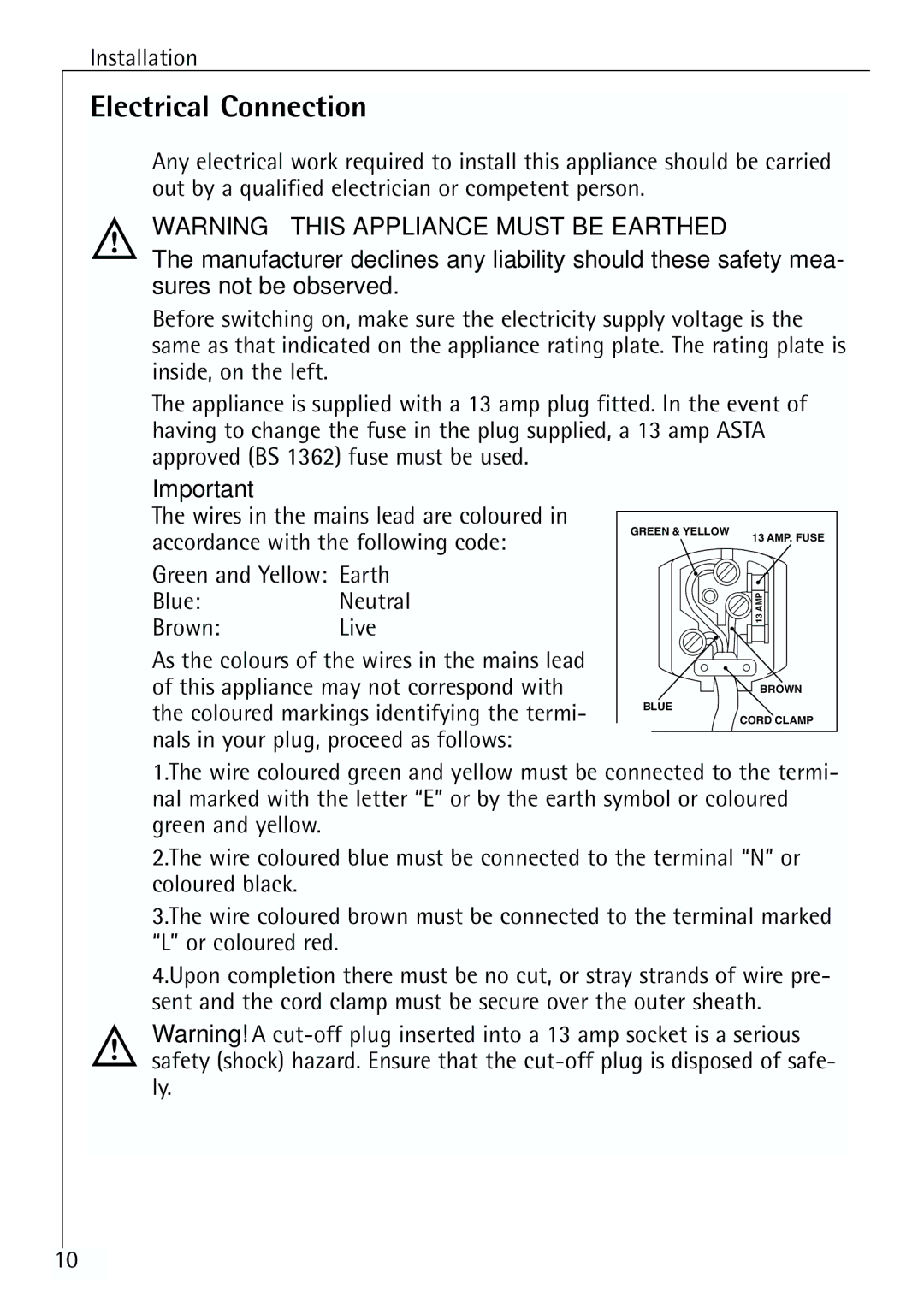 Electrolux Z 91200-4 i manual Electrical Connection, Green and Yellow Earth BlueNeutral BrownLive 