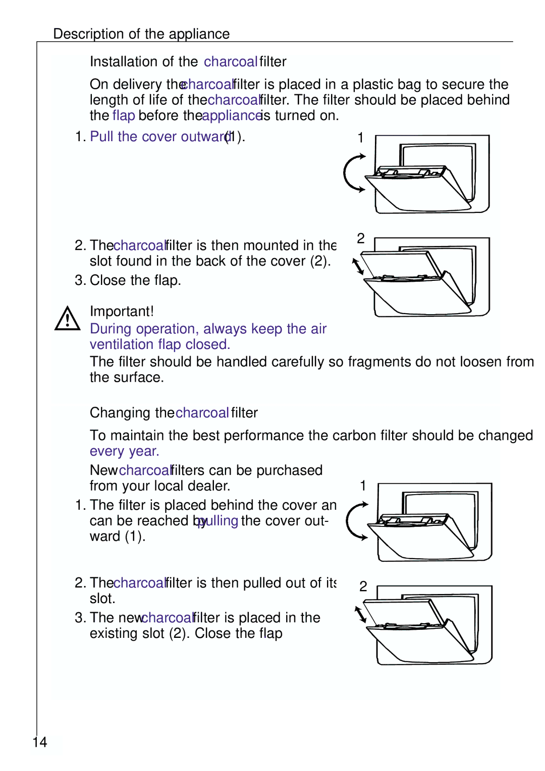 Electrolux Z 91200-4 i manual Installation of the charcoal filter, Close the flap, Changing the charcoal filter 