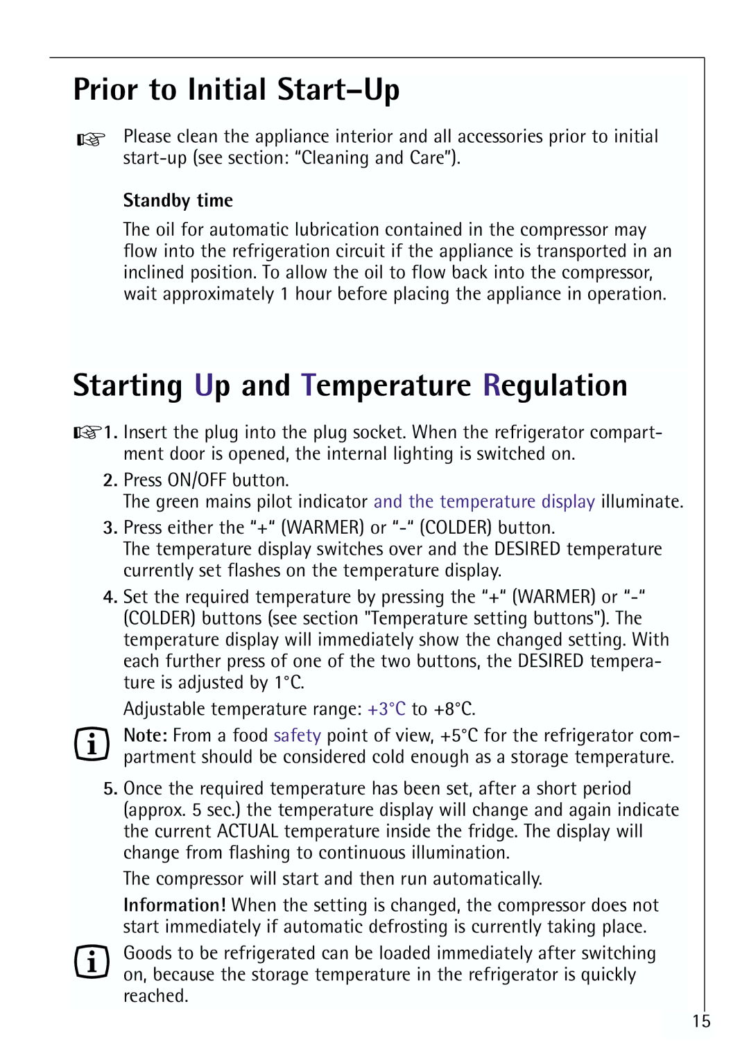 Electrolux Z 91200-4 i manual Prior to Initial Start-Up, Starting Up and Temperature Regulation, Standby time 