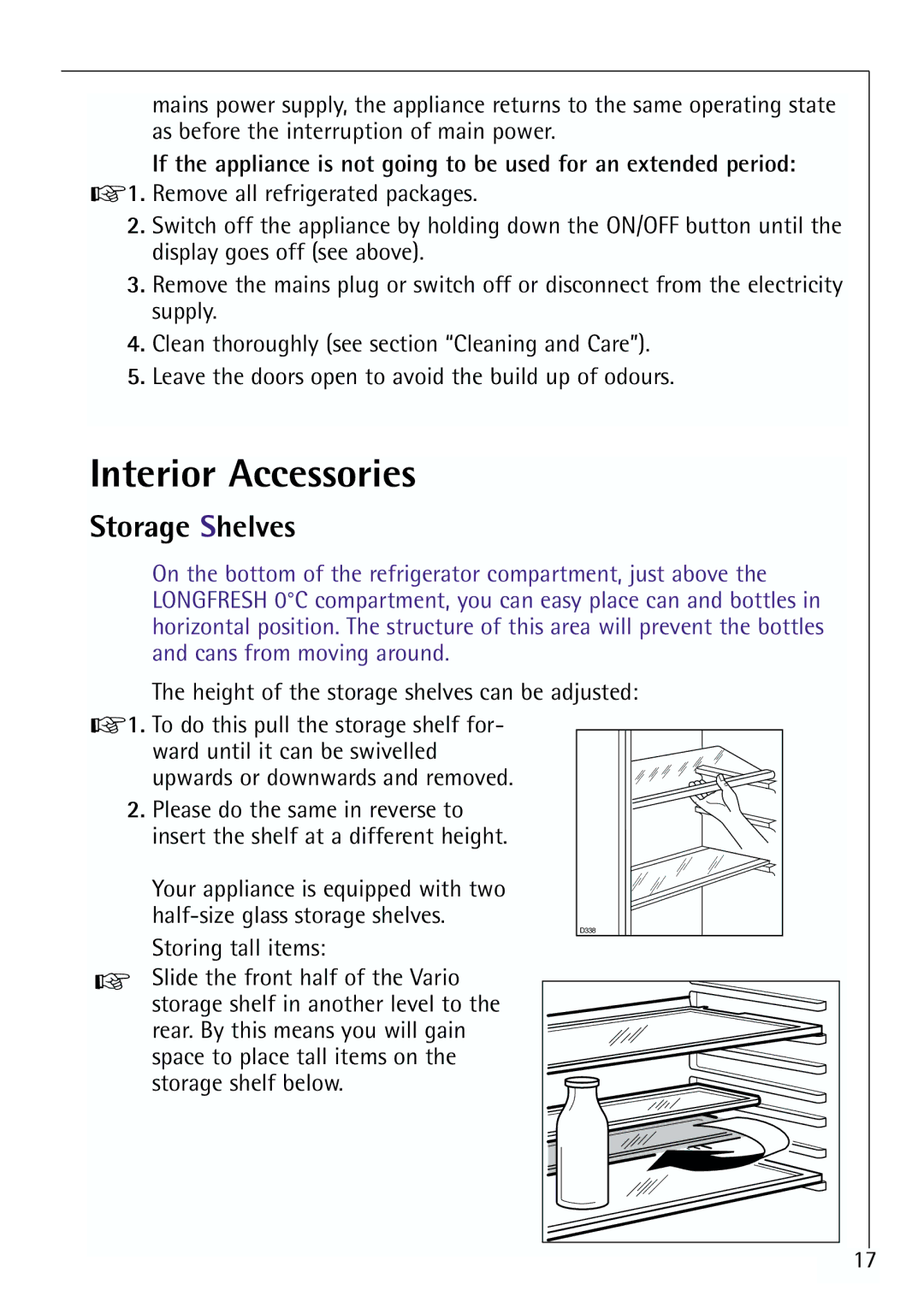 Electrolux Z 91200-4 i manual Interior Accessories, Storage Shelves, Height of the storage shelves can be adjusted 