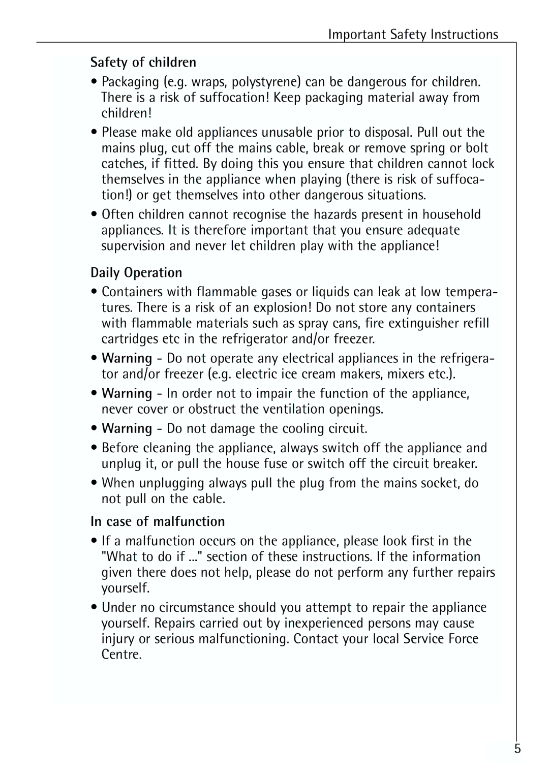 Electrolux Z 91200-4 i manual Important Safety Instructions, Safety of children, Daily Operation, Case of malfunction 