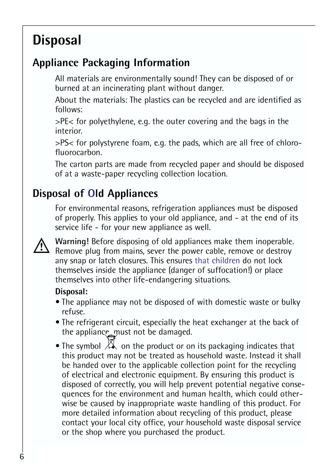 Electrolux Z 91200-4 i manual Appliance Packaging Information, Disposal of Old Appliances 