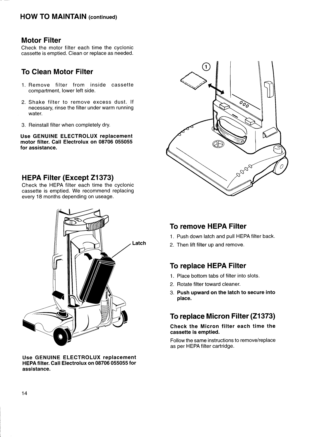 Electrolux Z1376, Z1498, Z1488, Z1379, Z1373 manual 