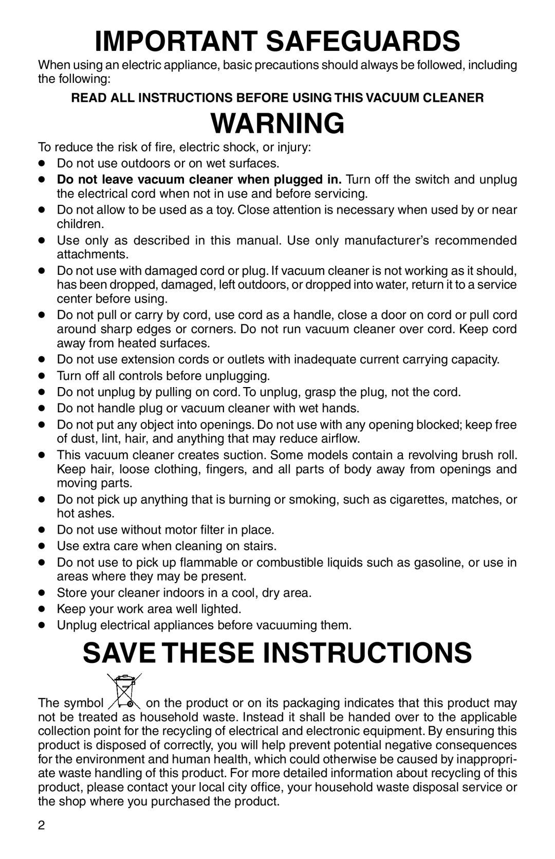 Electrolux Z161 Series manual Important Safeguards 