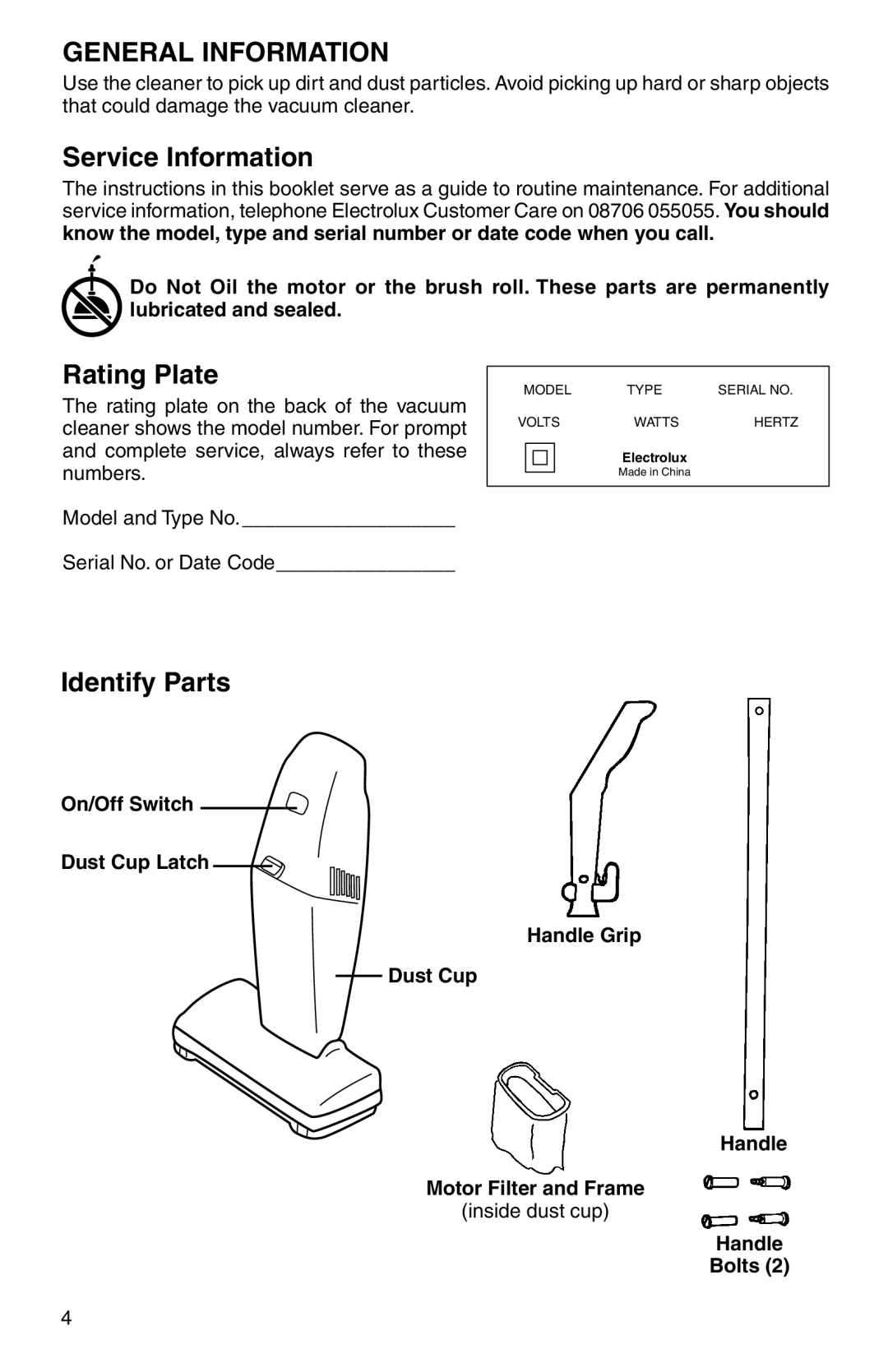 Electrolux Z161 Series manual General Information, Service Information, Rating Plate, Identify Parts, Handle Bolts 