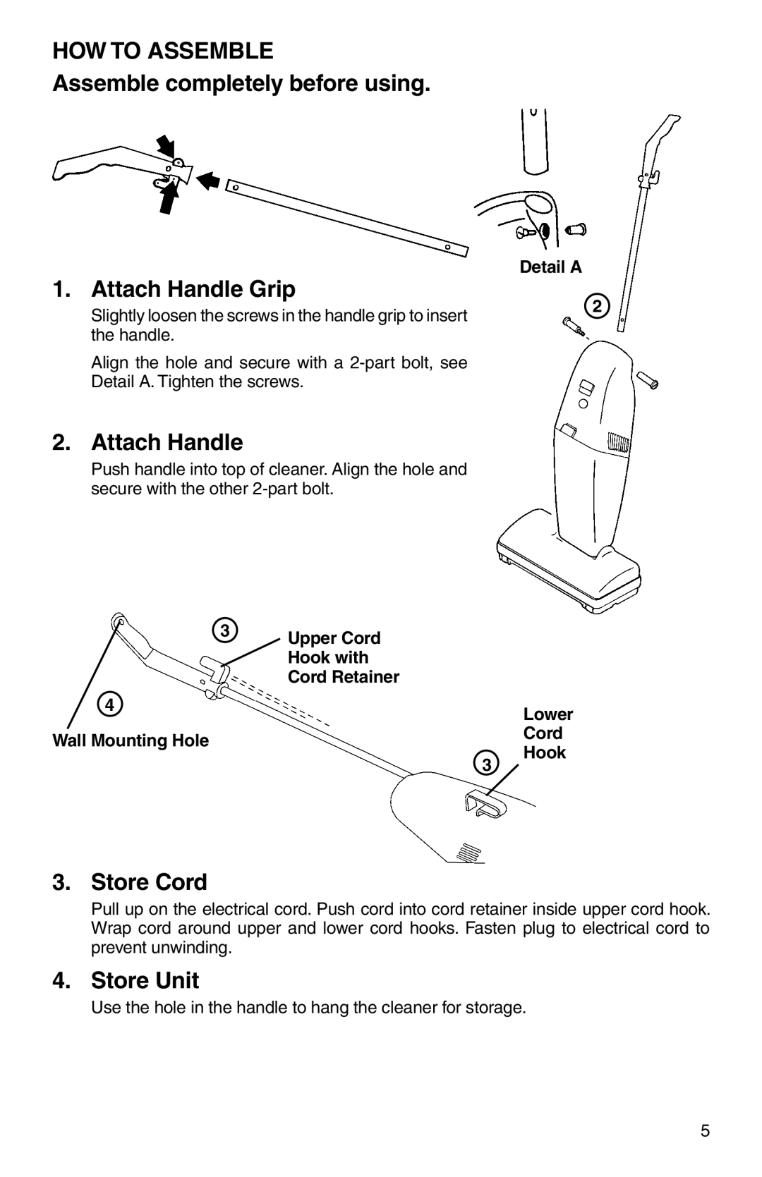 Electrolux Z161 Series manual HOW to Assemble, Assemble completely before using Attach Handle Grip, Store Cord, Store Unit 