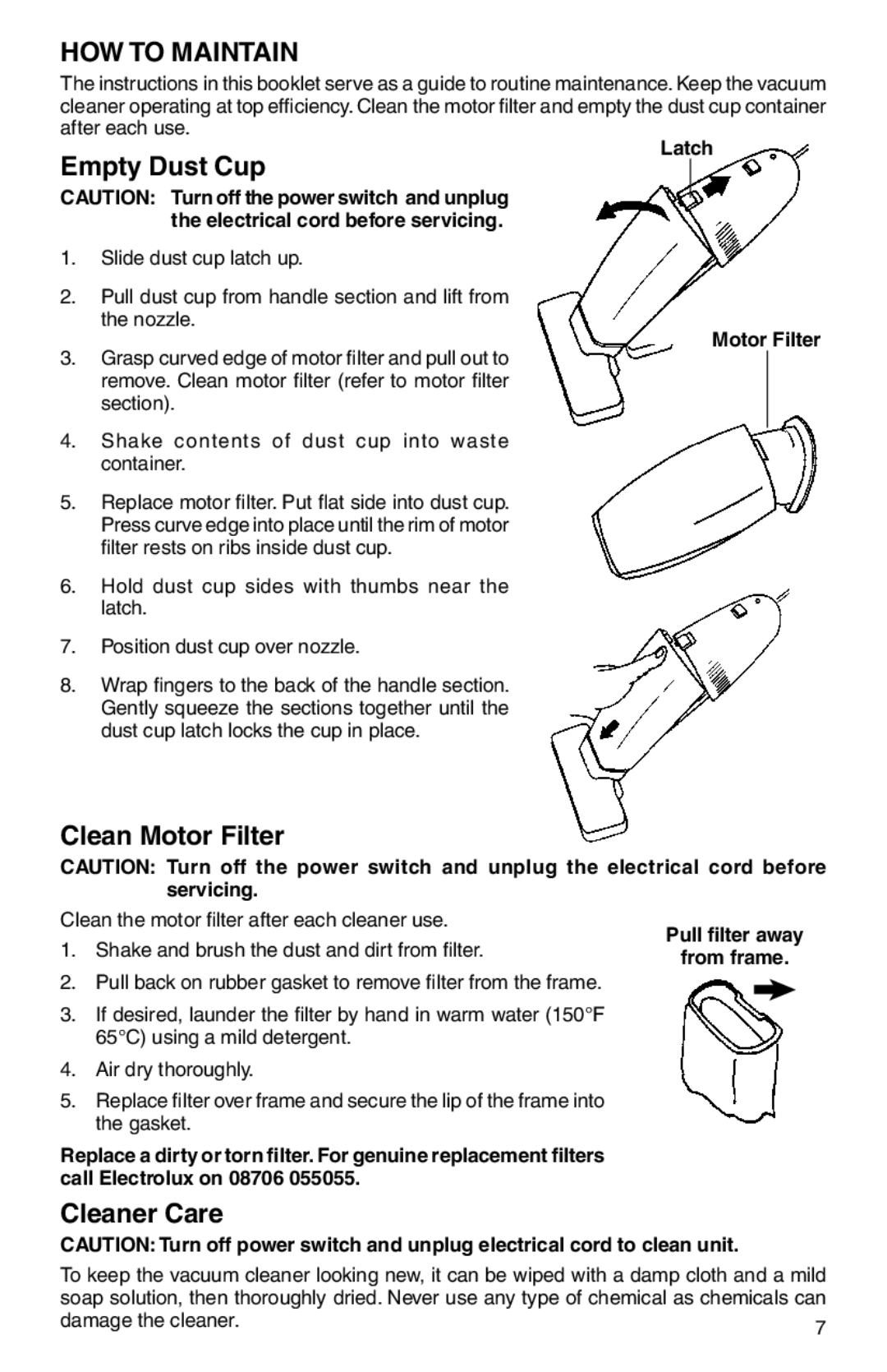 Electrolux Z161 Series manual HOW to Maintain, Empty Dust Cup, Clean Motor Filter, Cleaner Care 