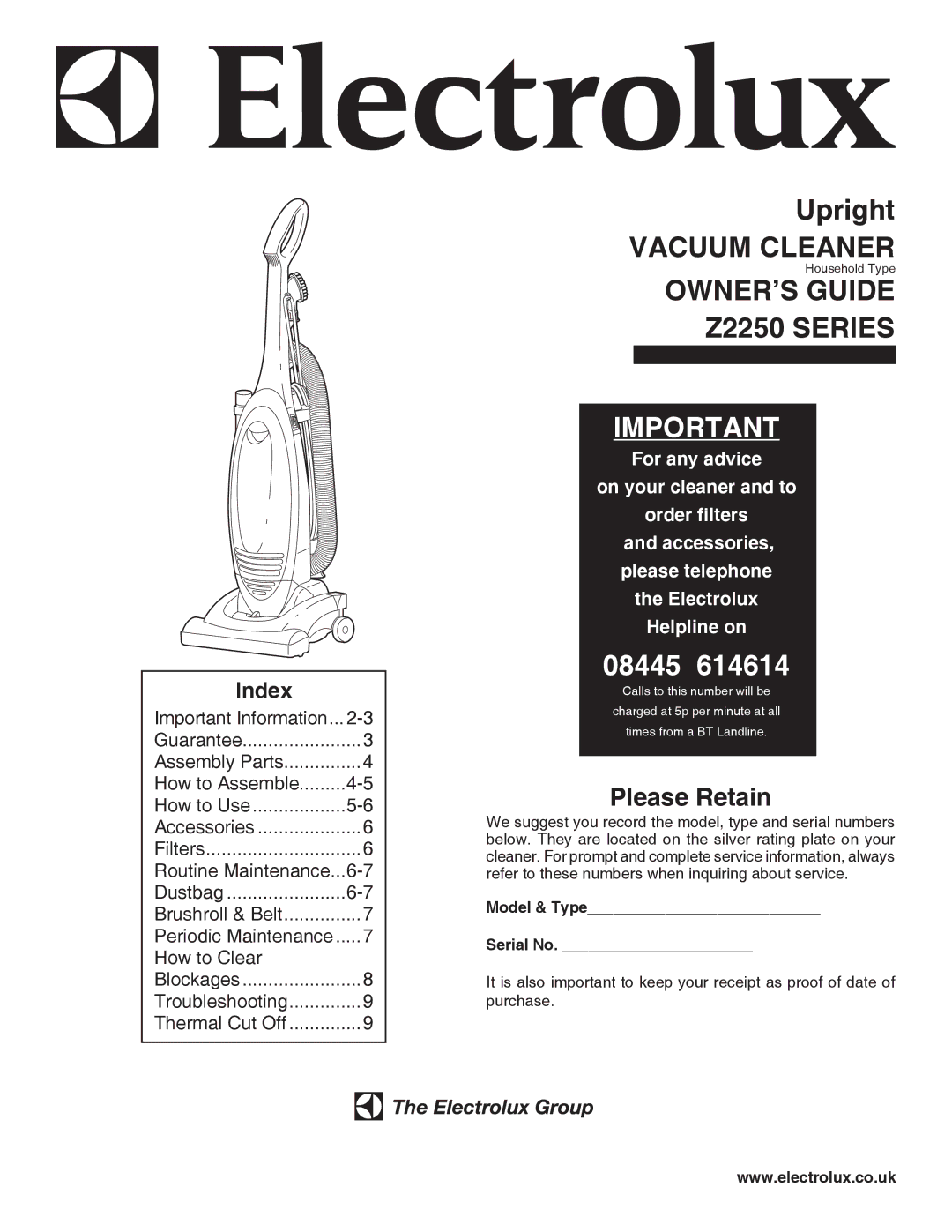 Electrolux Z2250 series manual OWNER’S Guide Z2250 Series, Index 