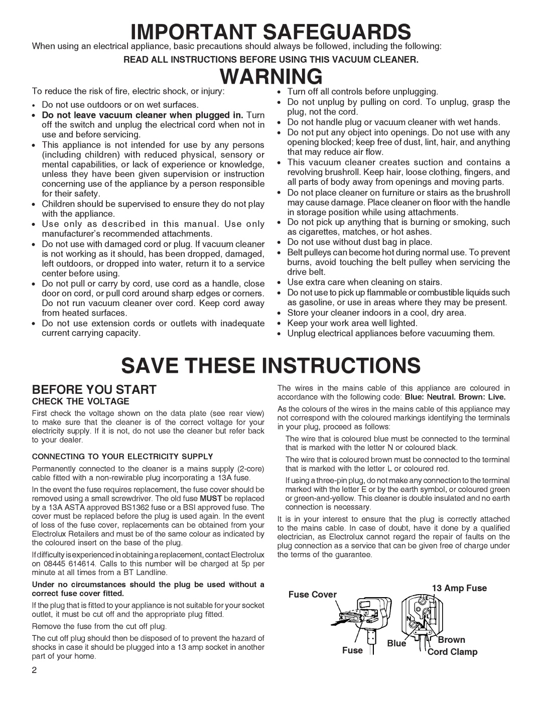 Electrolux Z2250 series manual Fuse Cover Amp Fuse, Fuse Blue Brown Cord Clamp 