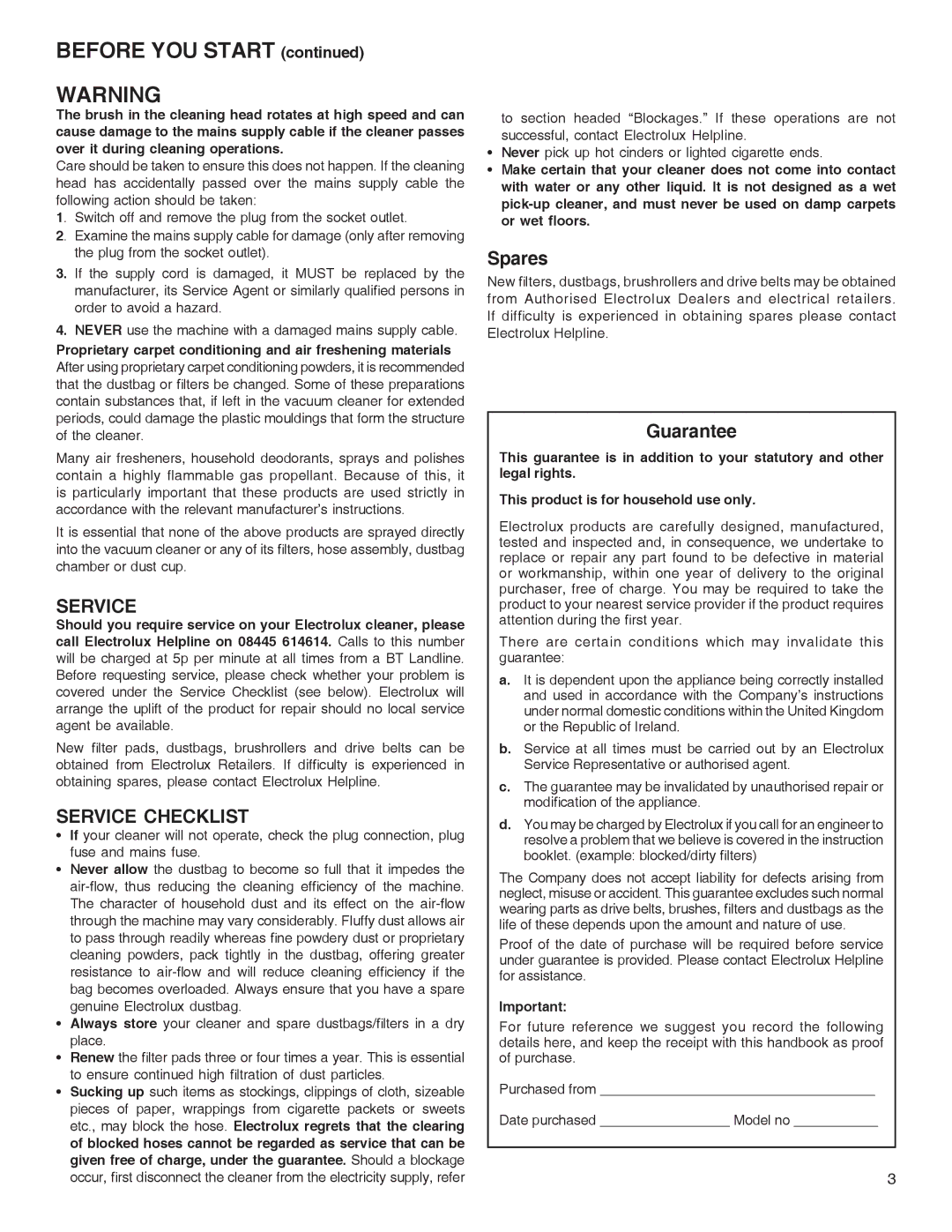 Electrolux Z2250 series manual Before YOU Start, Spares, Guarantee 