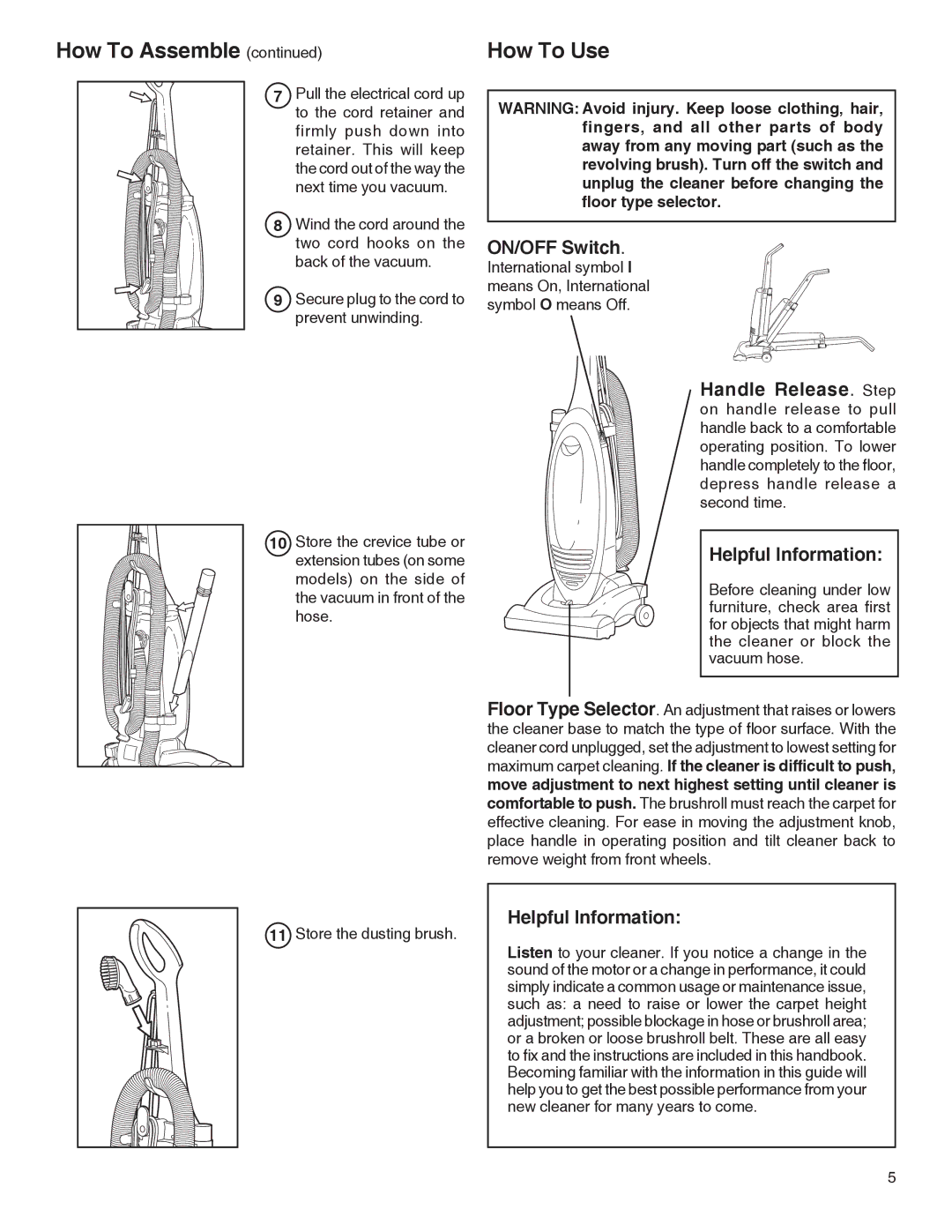 Electrolux Z2250 series manual ON/OFF Switch, Helpful Information 